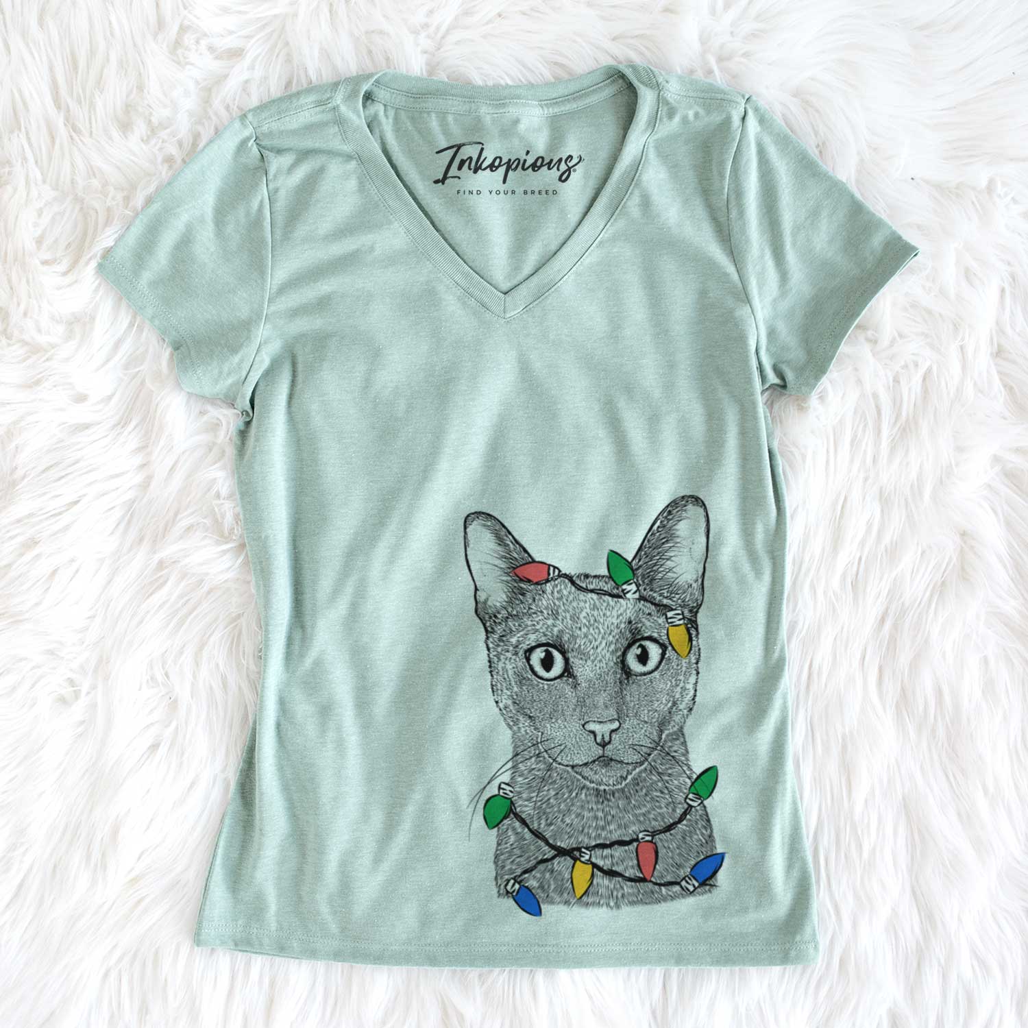 Christmas Lights Stanley the Russian Blue Cat - Women's V-neck Shirt