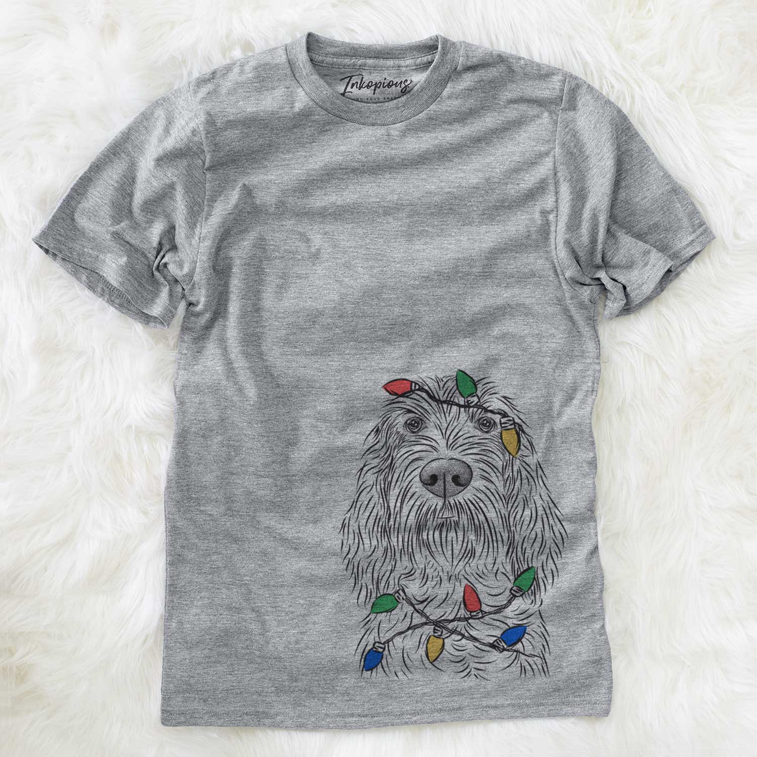 Hand-drawn sketch of Stefano the Spinone Italiano wrapped in Christmas lights on a Grey Unisex crewneck
