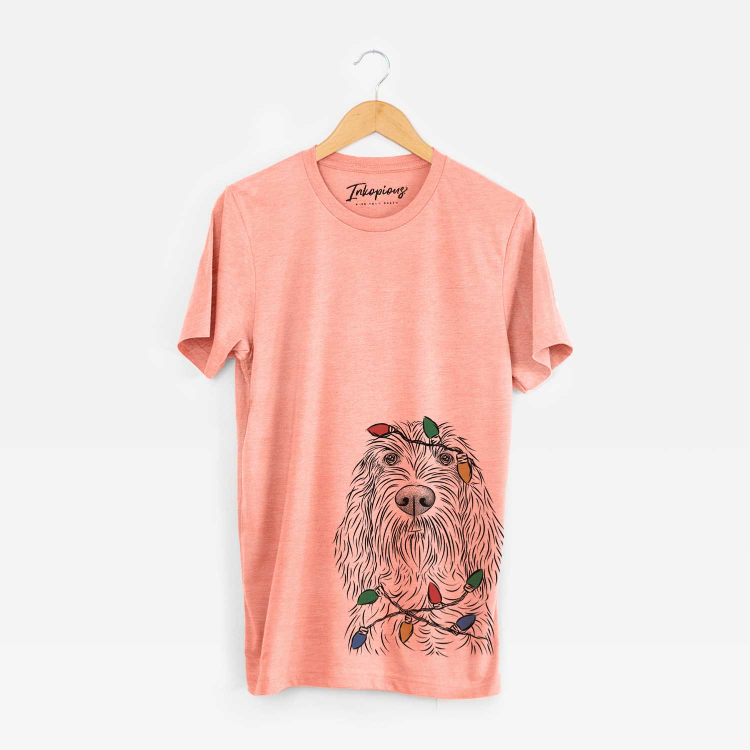 Hand-drawn sketch of Stefano the Spinone Italiano wrapped in Christmas lights on a Sunset Unisex crewneck