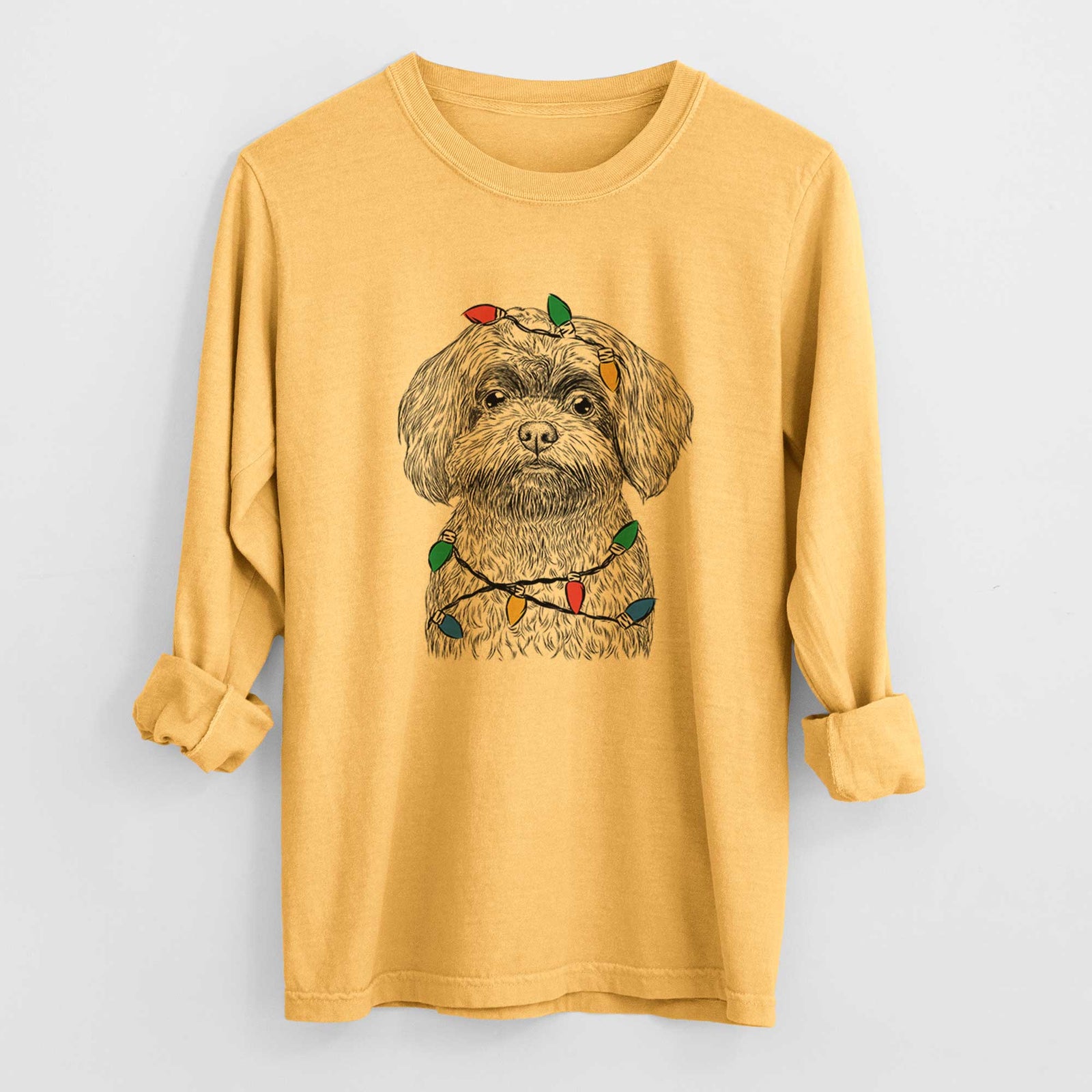 Christmas Lights Stella the Shih Tzu Mix - Heavyweight 100% Cotton Long Sleeve