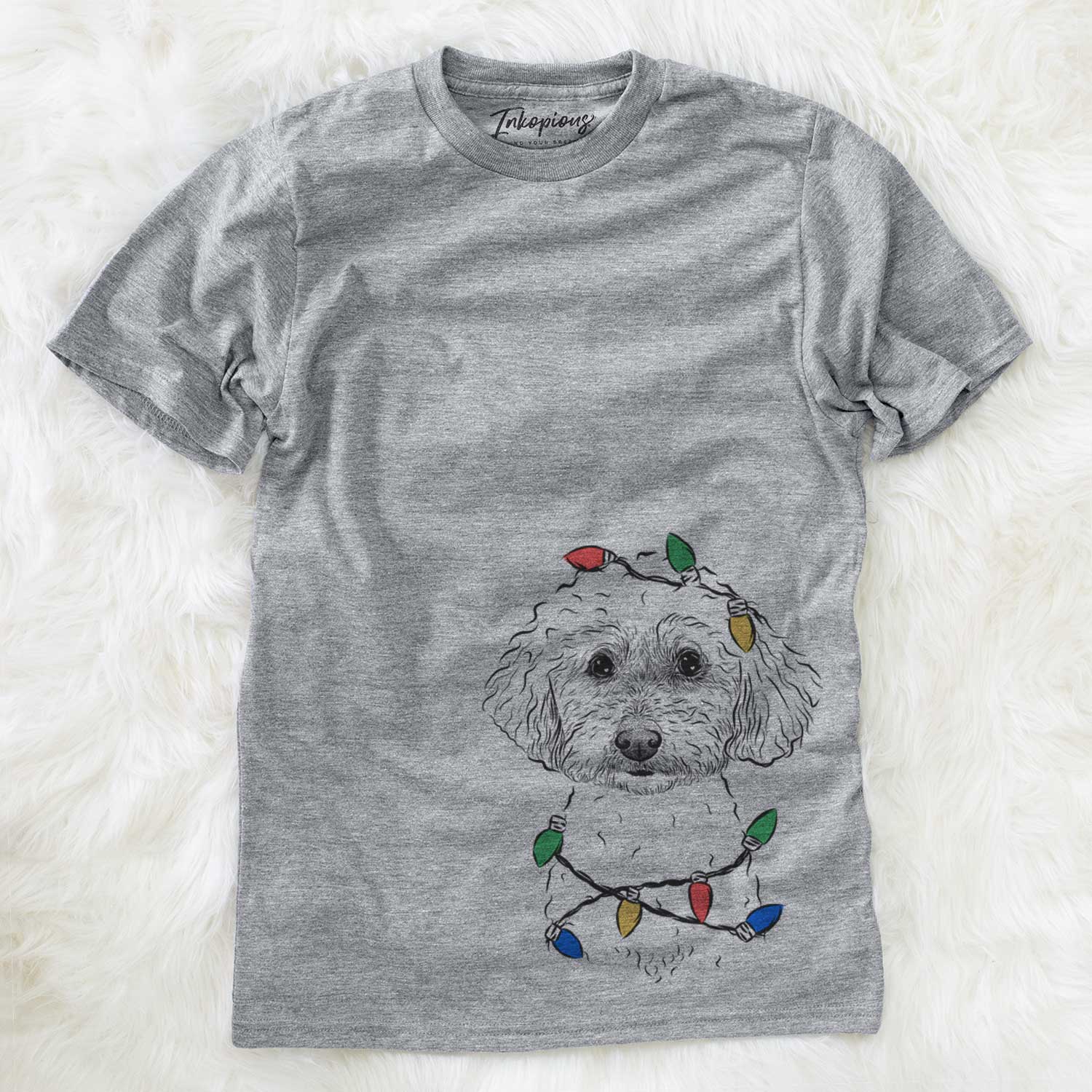 Hand-drawn sketch of Stitch the Bichonpoo wrapped in Christmas lights on a Grey Unisex crewneck