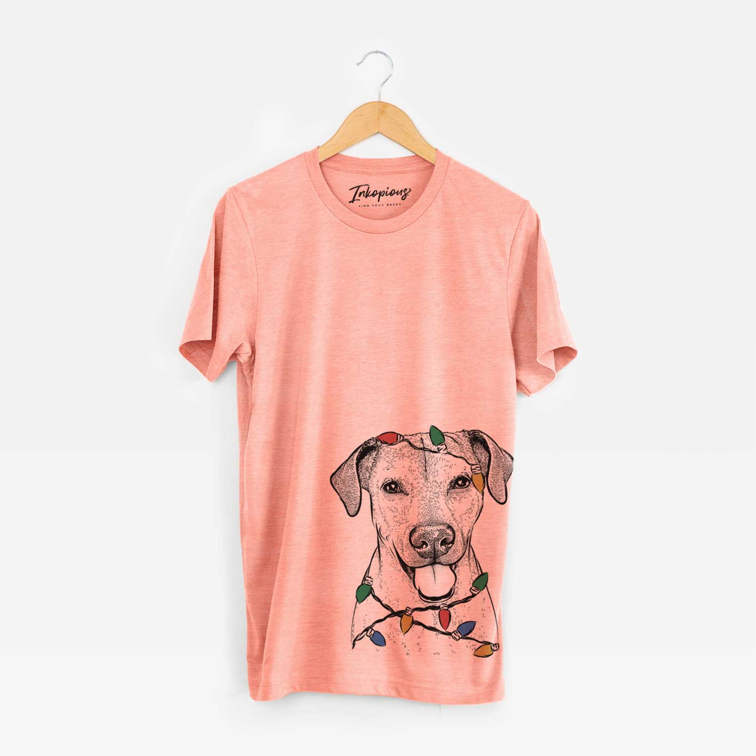 Hand-drawn sketch of Sugar the American Staffordshire Mix wrapped in Christmas lights on a Sunset Unisex crewneck