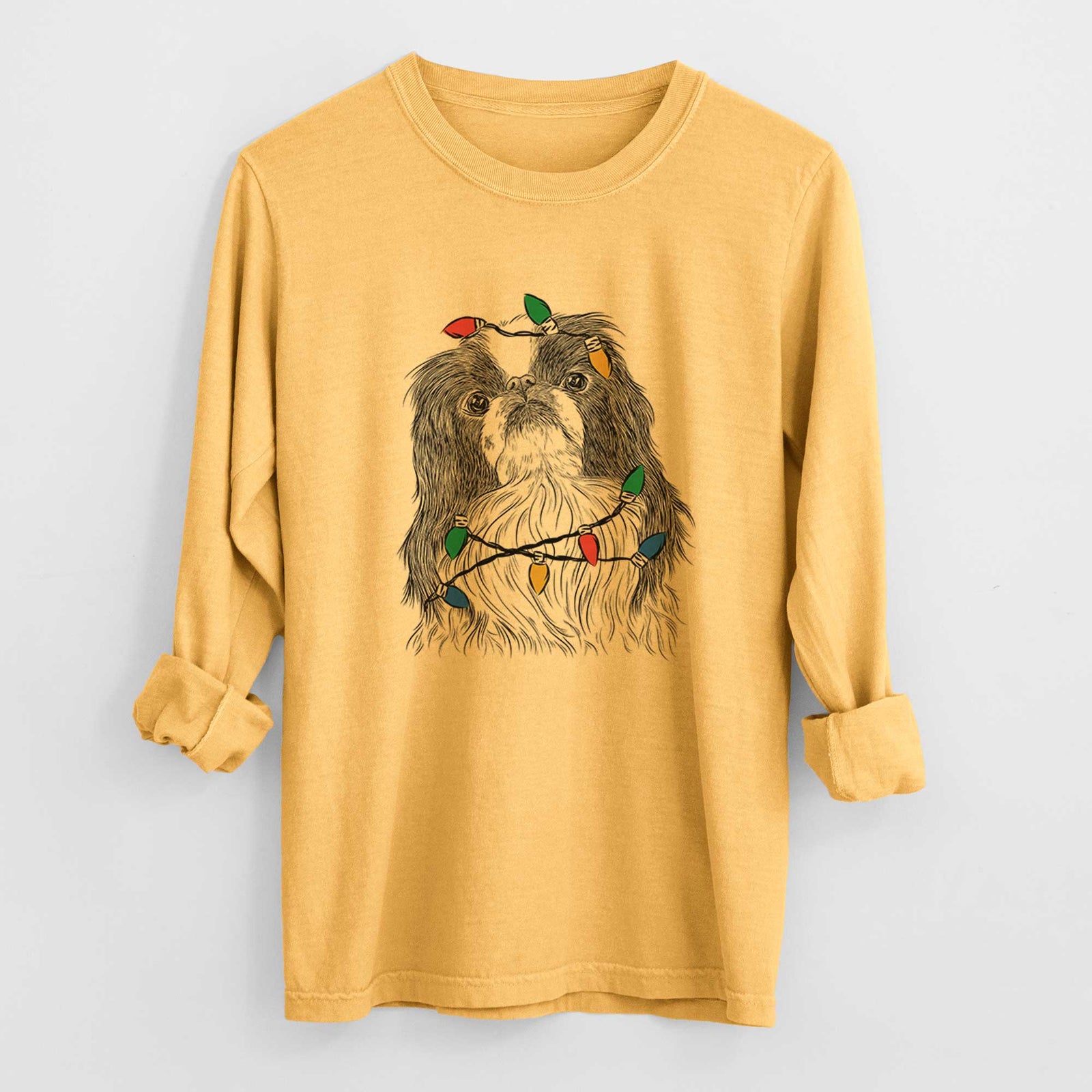 Christmas Lights Suki the Japanese Chin - Heavyweight 100% Cotton Long Sleeve