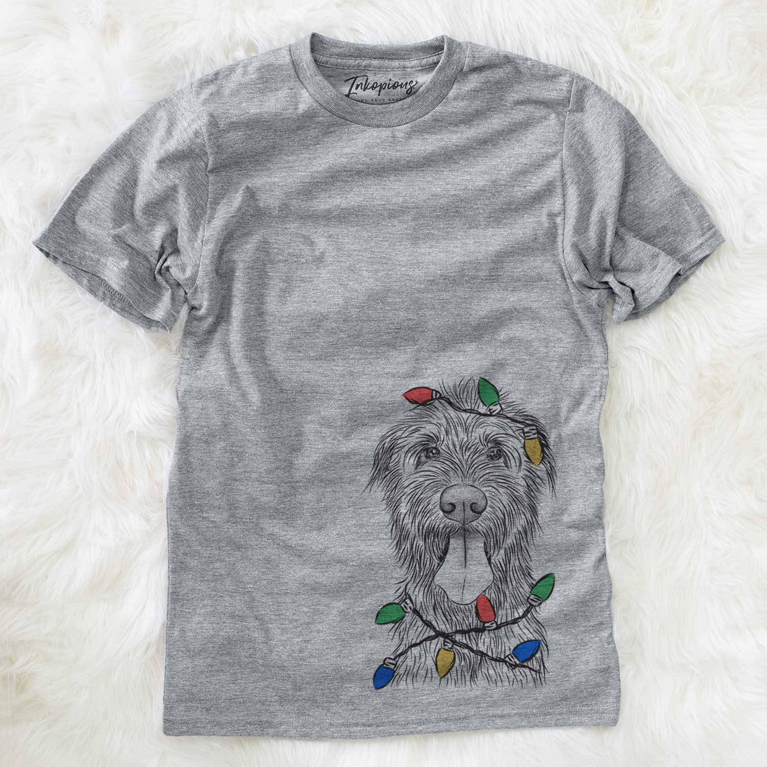 Hand-drawn sketch of Sullivan the Irish Wolfhound wrapped in Christmas lights on a Grey Unisex crewneck