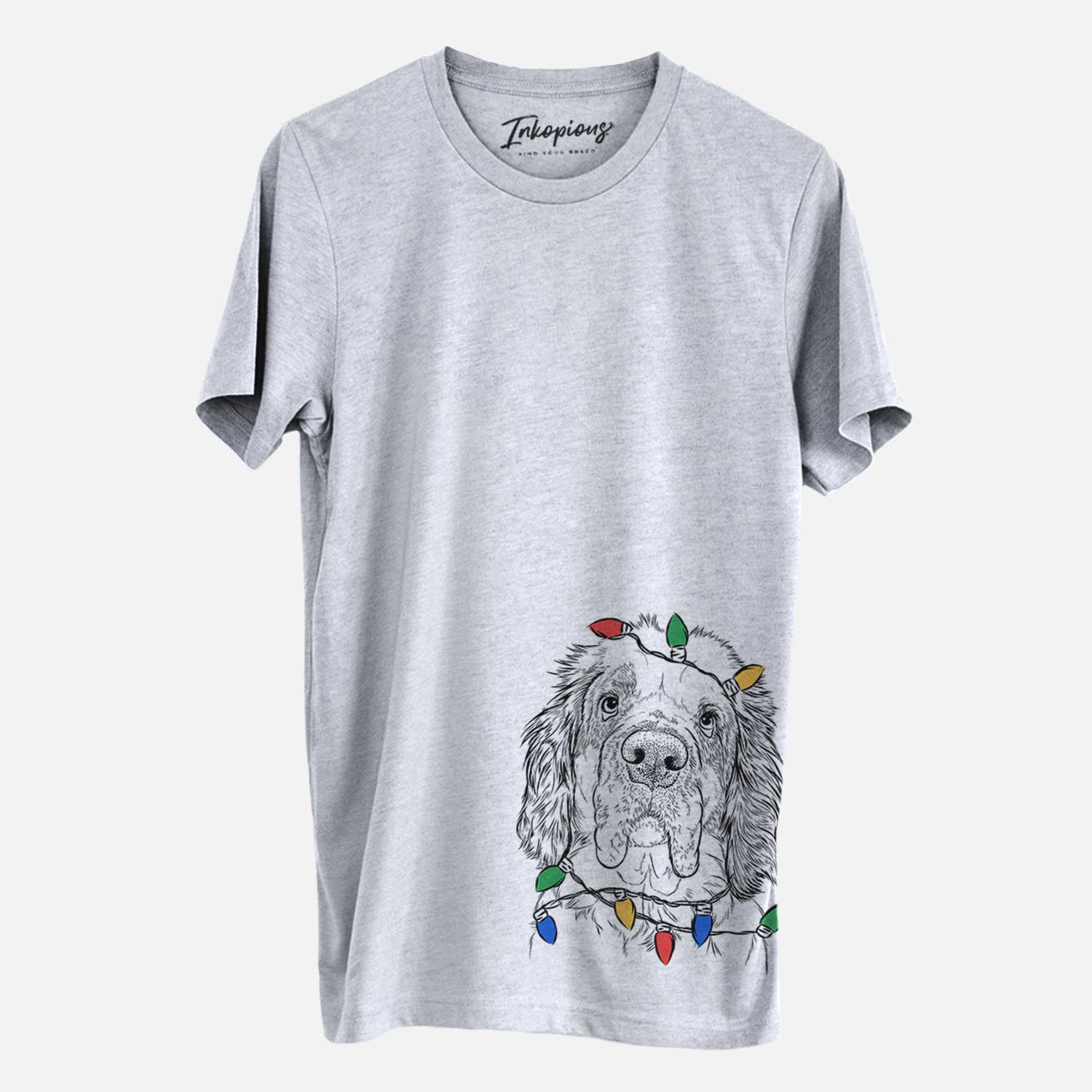 Hand-drawn sketch of Sully the Clumber Spaniel wrapped in Christmas lights on a Grey Unisex crewneck