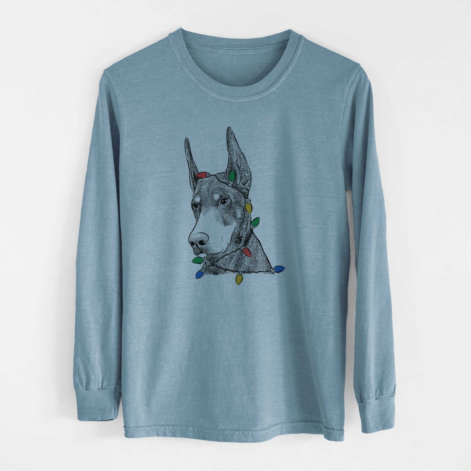 Christmas Lights Sunny the Doberman Pinscher - Heavyweight 100% Cotton Long Sleeve