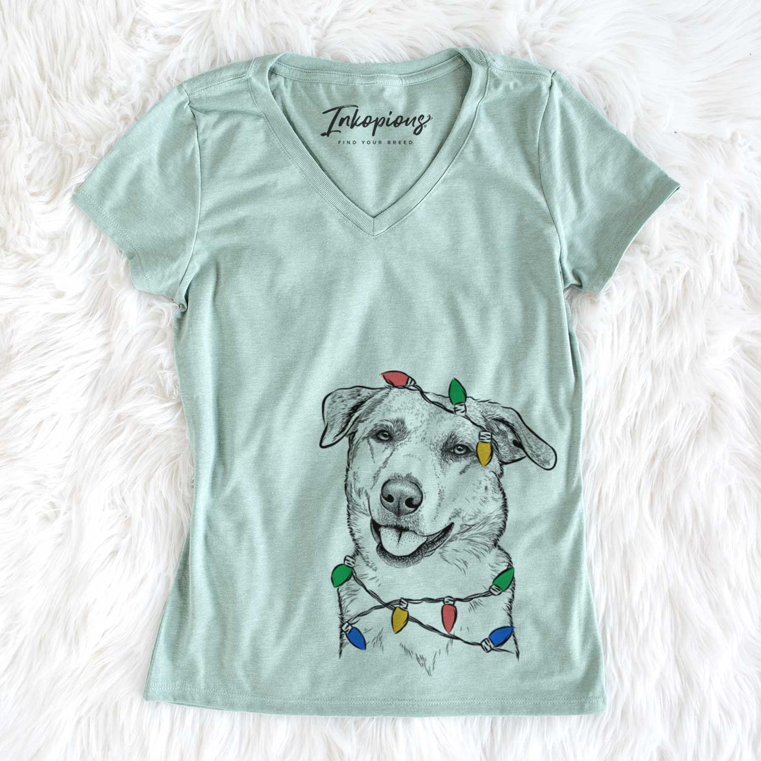 Christmas Lights Sydney the Great Pyrenees Australian Shepherd Mix - Women's V-neck Shirt
