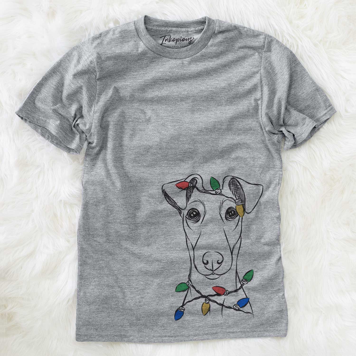 Hand-drawn sketch of Tanner the Fox Terrier wrapped in Christmas lights on a Grey Unisex crewneck