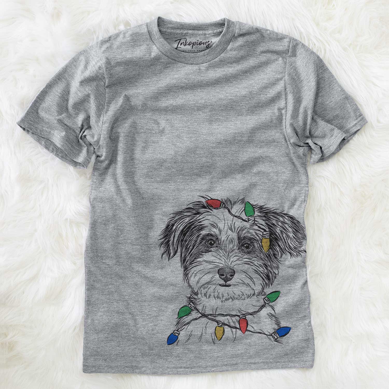 Hand-drawn sketch of Teddy the Havanese wrapped in Christmas lights on a Grey Unisex crewneck
