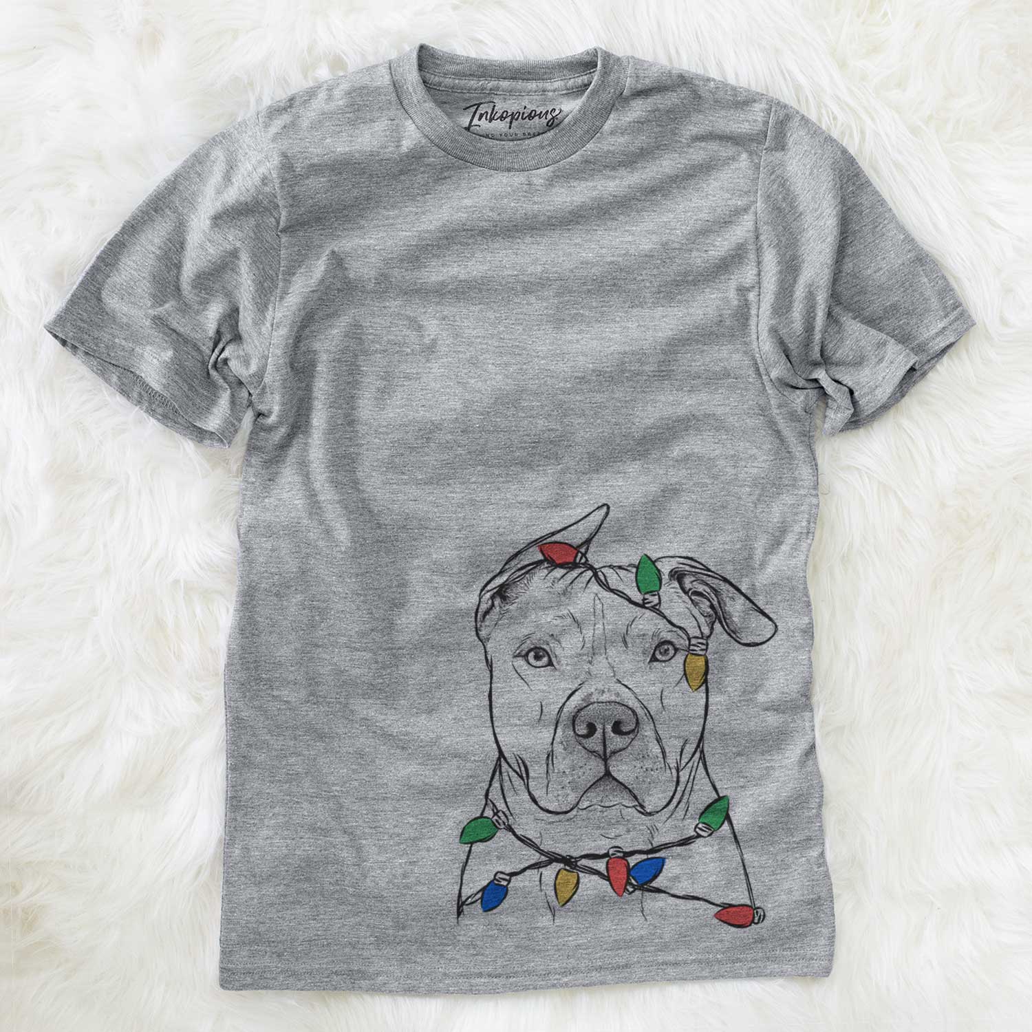 Hand-drawn sketch of Teddy Jam the Pitbull wrapped in Christmas lights on a Grey Unisex crewneck