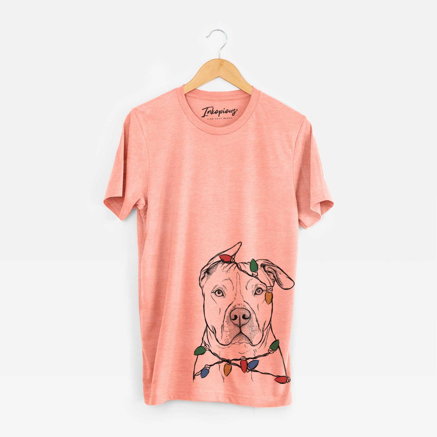 Hand-drawn sketch of Teddy Jam the Pitbull wrapped in Christmas lights on a Sunset Unisex crewneck