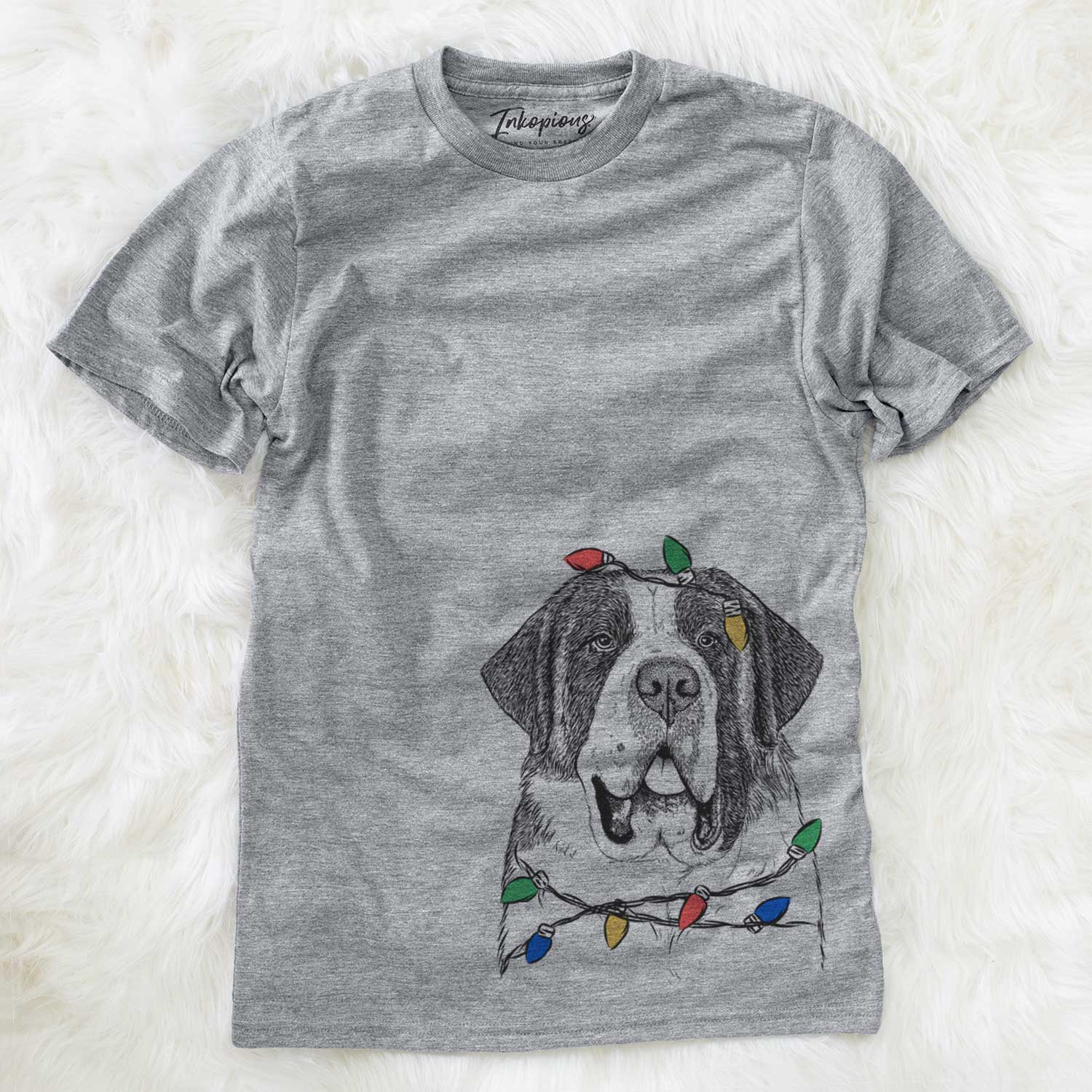 Hand-drawn sketch of Thor the Saint Bernard wrapped in Christmas lights on a Grey Unisex crewneck