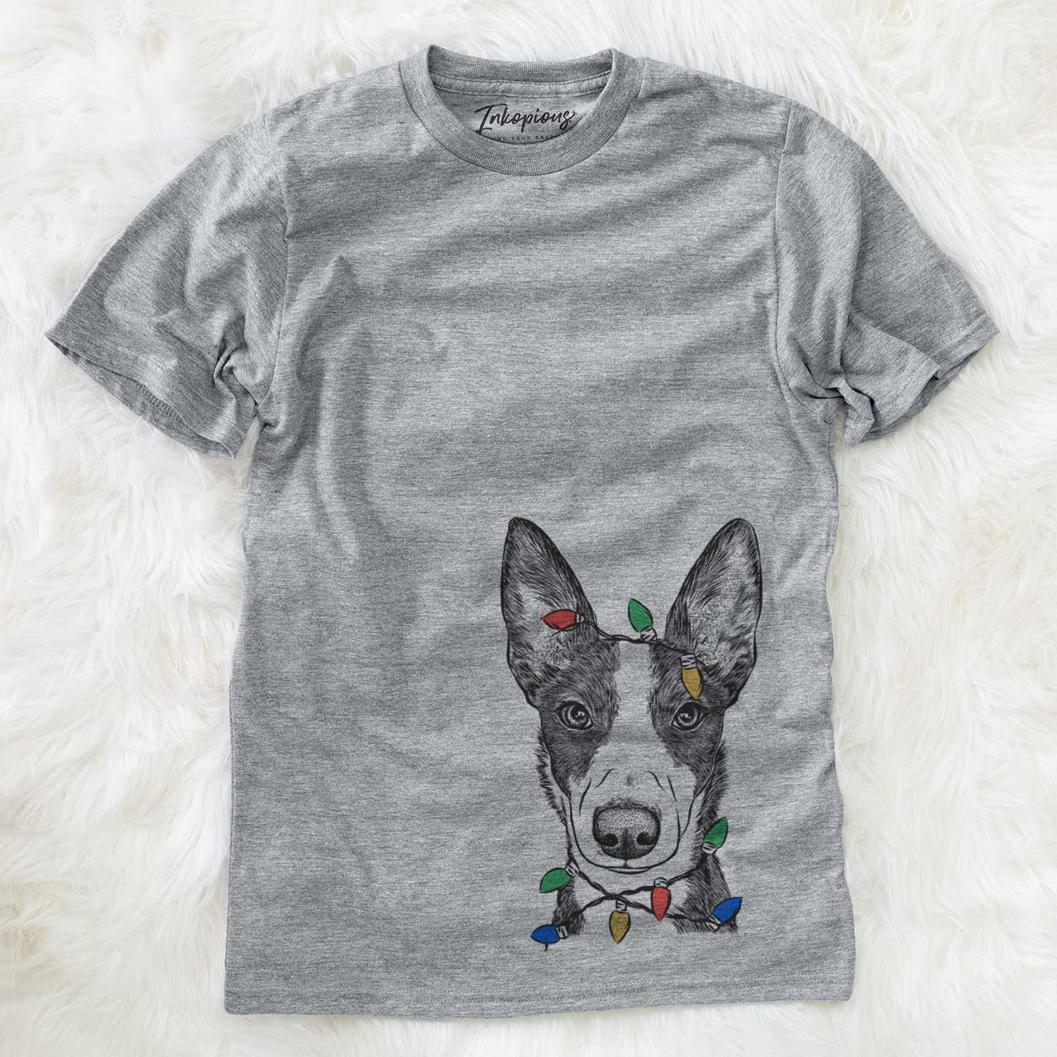 Hand-drawn sketch of Tigm the Bippet wrapped in Christmas lights on a Grey Unisex crewneck