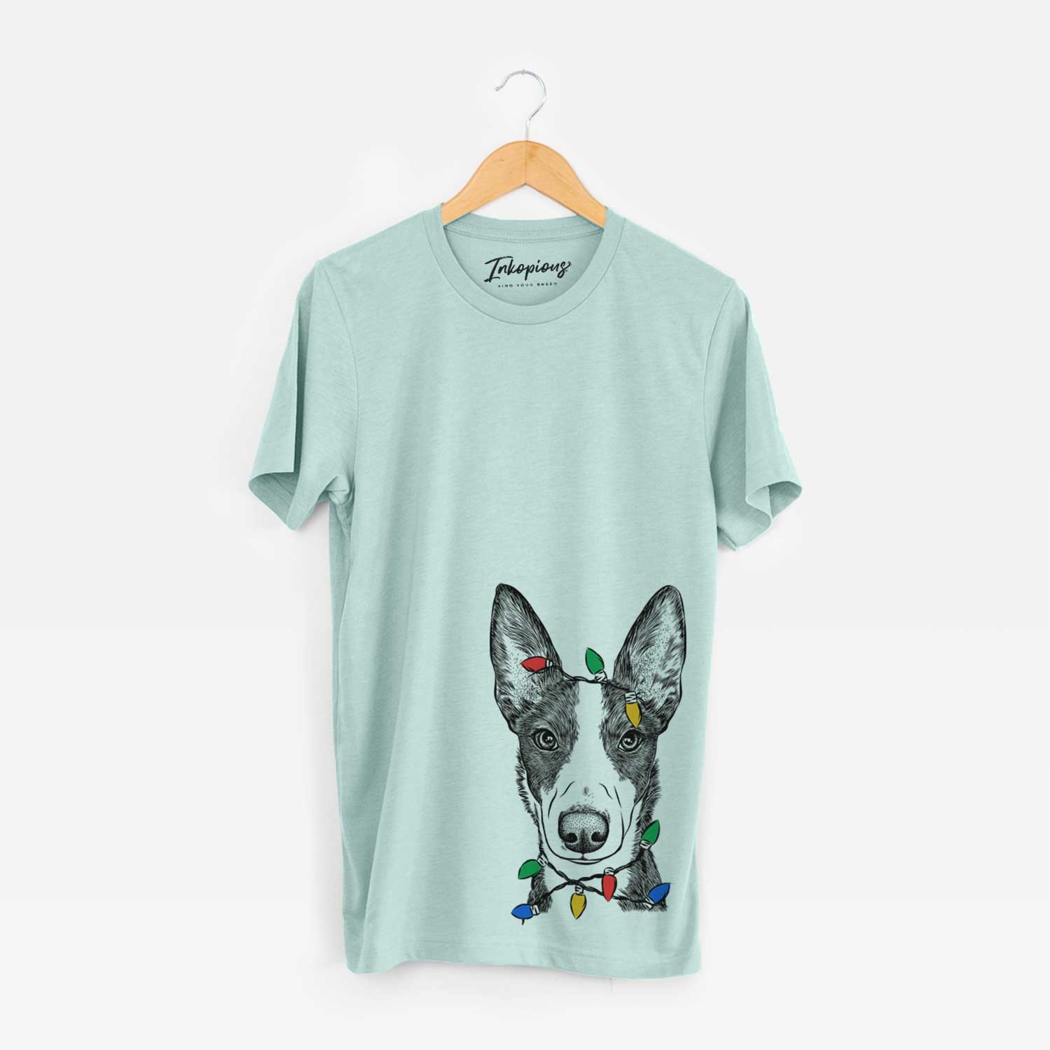 Hand-drawn sketch of Tigm the Bippet wrapped in Christmas lights on a Heather Sage Unisex crewneck
