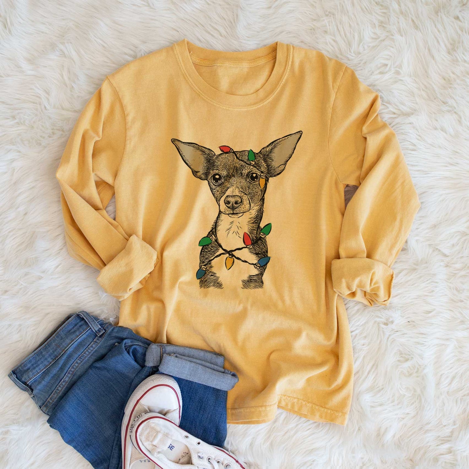 Christmas Lights Tiny Archie the Mixed Breed - Heavyweight 100% Cotton Long Sleeve