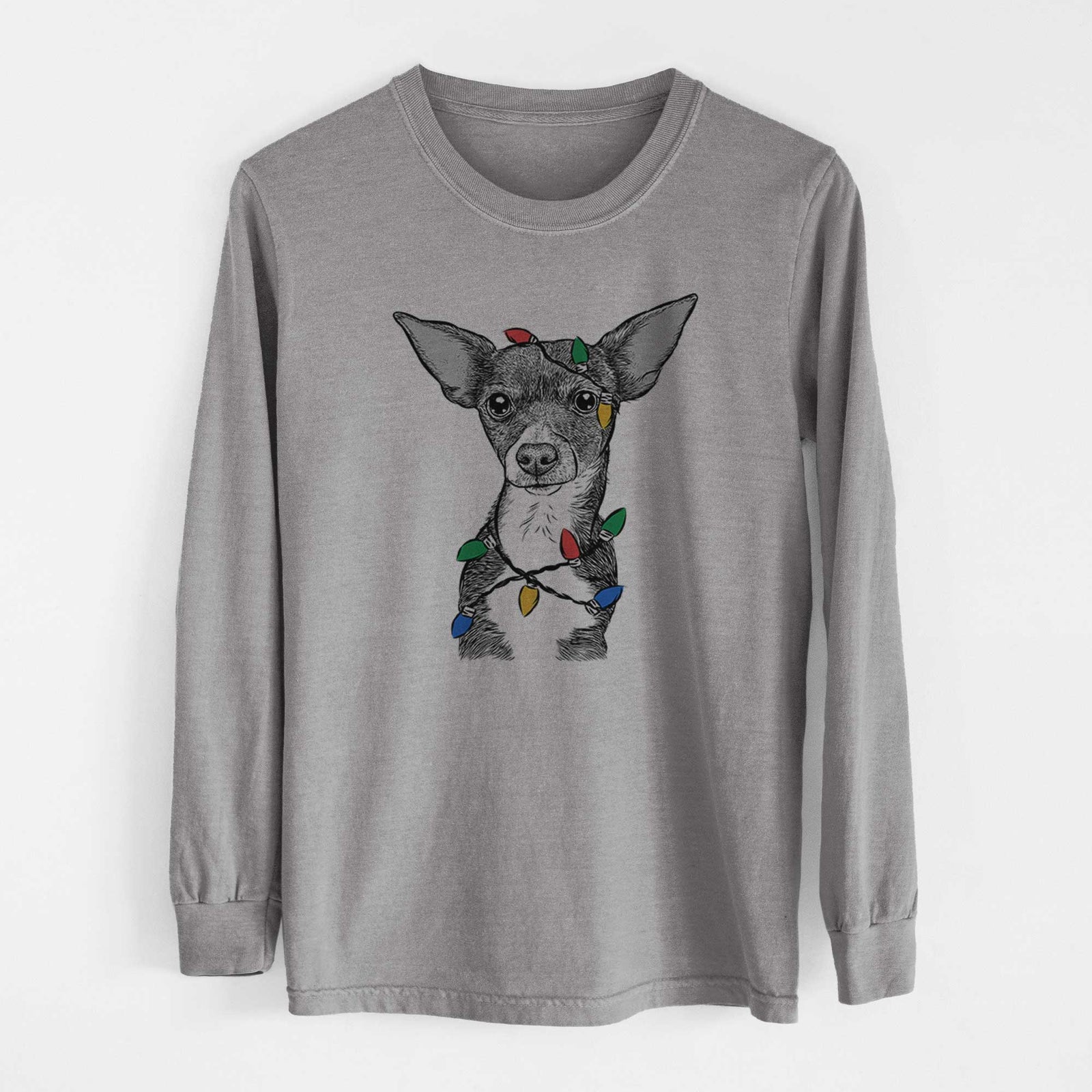 Christmas Lights Tiny Archie the Mixed Breed - Heavyweight 100% Cotton Long Sleeve