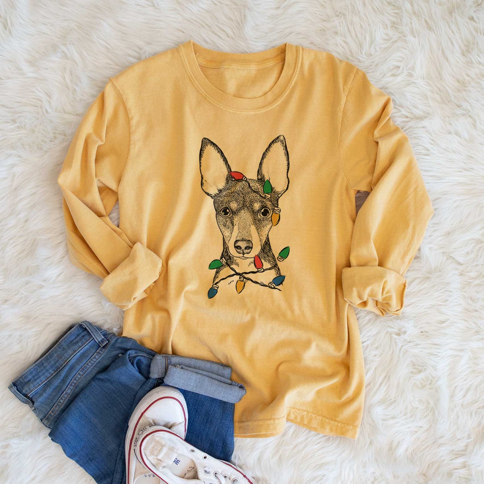 Christmas Lights Tiny the Toy Fox Terrier - Heavyweight 100% Cotton Long Sleeve