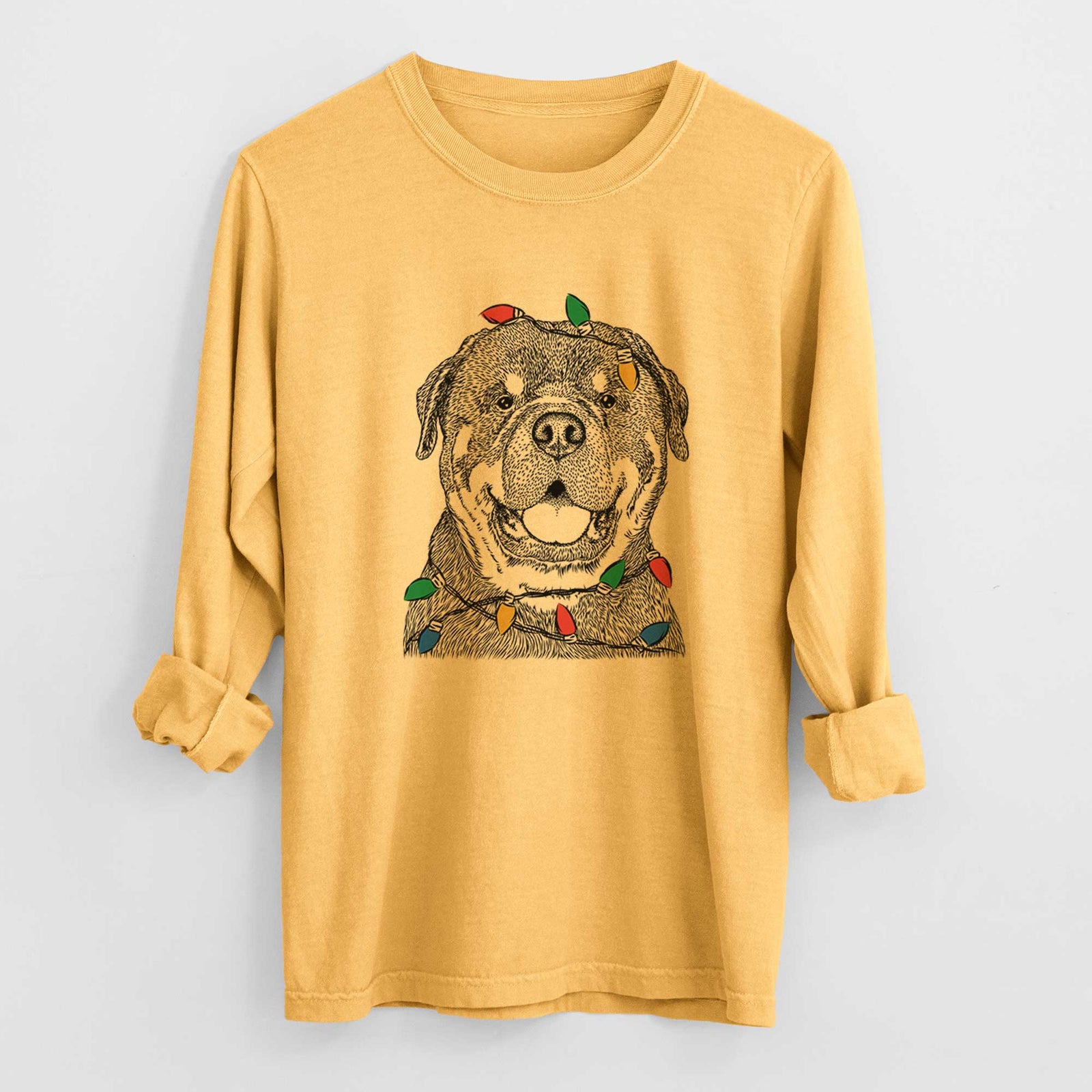 Christmas Lights Titan the Rottweiler - Heavyweight 100% Cotton Long Sleeve