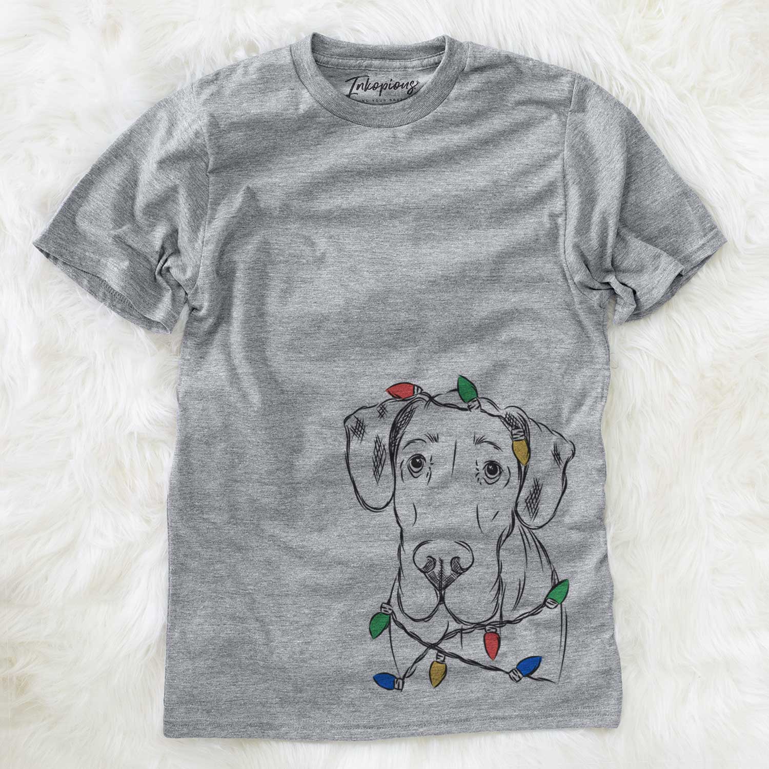Hand-drawn sketch of Titus the Great Dane wrapped in Christmas lights on a Grey Unisex crewneck