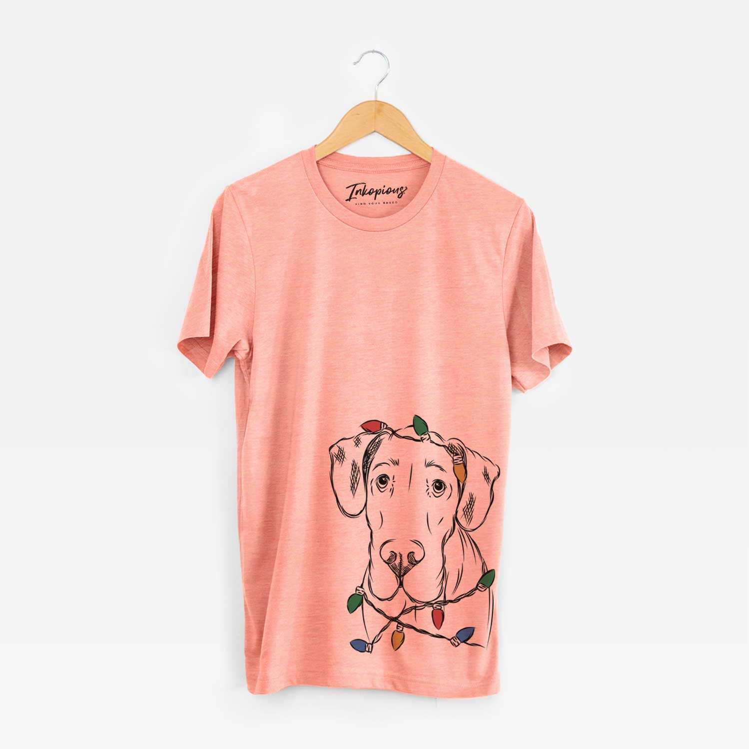 Hand-drawn sketch of Titus the Great Dane wrapped in Christmas lights on a Sunset Unisex crewneck