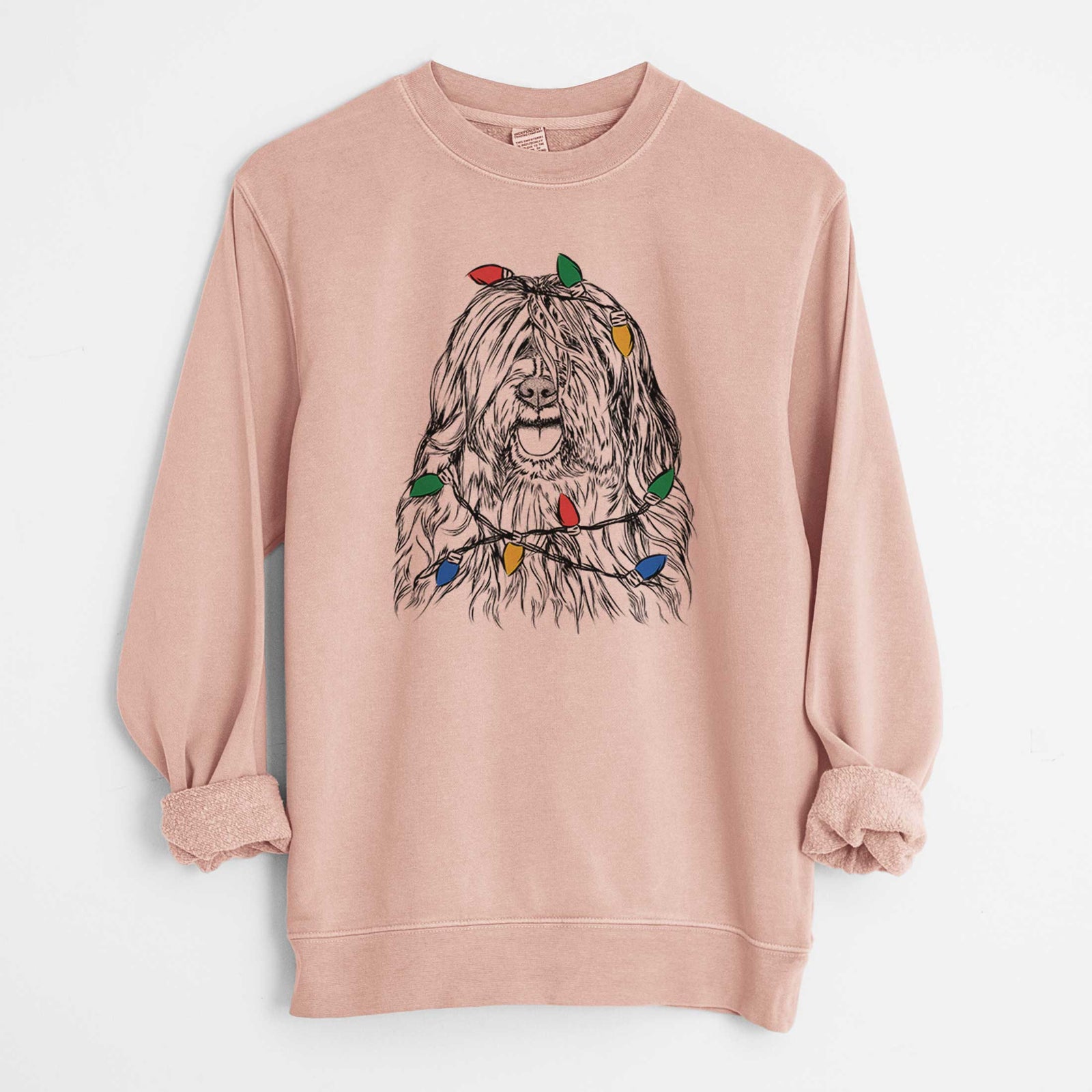 Christmas Lights Trinket the Tibetan Terrier - Unisex Pigment Dyed Crew Sweatshirt