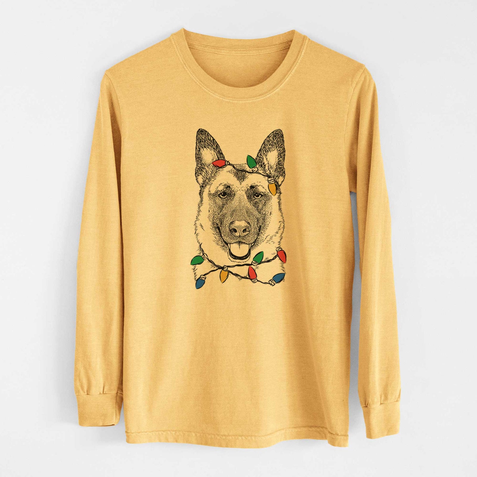 Christmas Lights Trooper the German Shepherd - Heavyweight 100% Cotton Long Sleeve