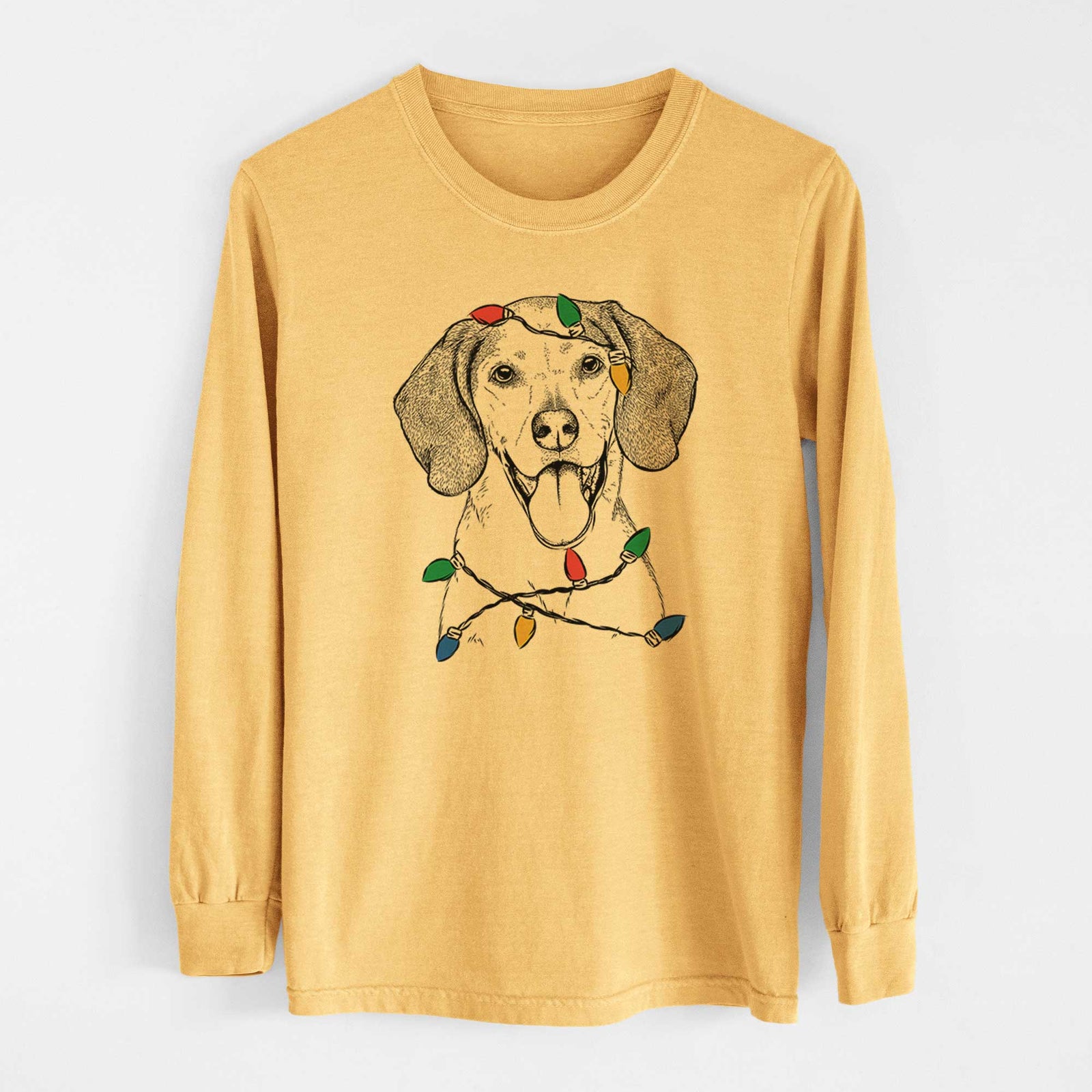 Christmas Lights Trooper the Hound Mix - Heavyweight 100% Cotton Long Sleeve