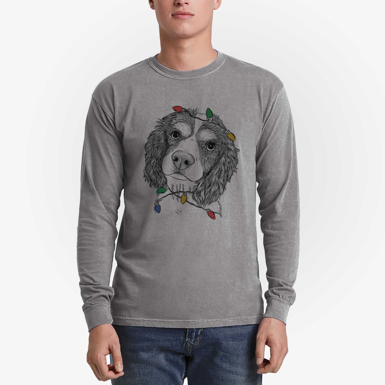 Christmas Lights Truman the Cavalier King Charles Spaniel - Heavyweight 100% Cotton Long Sleeve