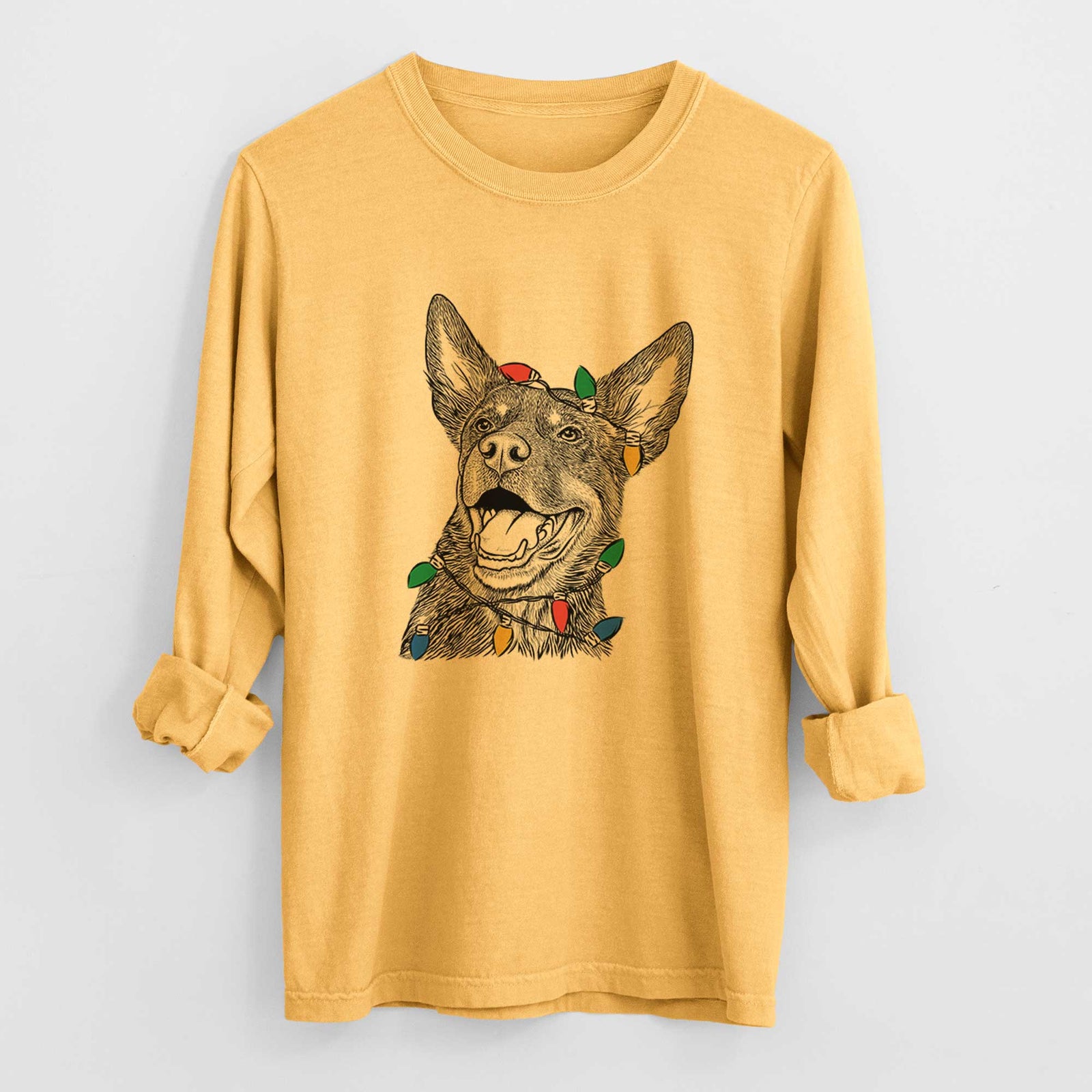 Christmas Lights Tucker the Australian Kelpie - Heavyweight 100% Cotton Long Sleeve
