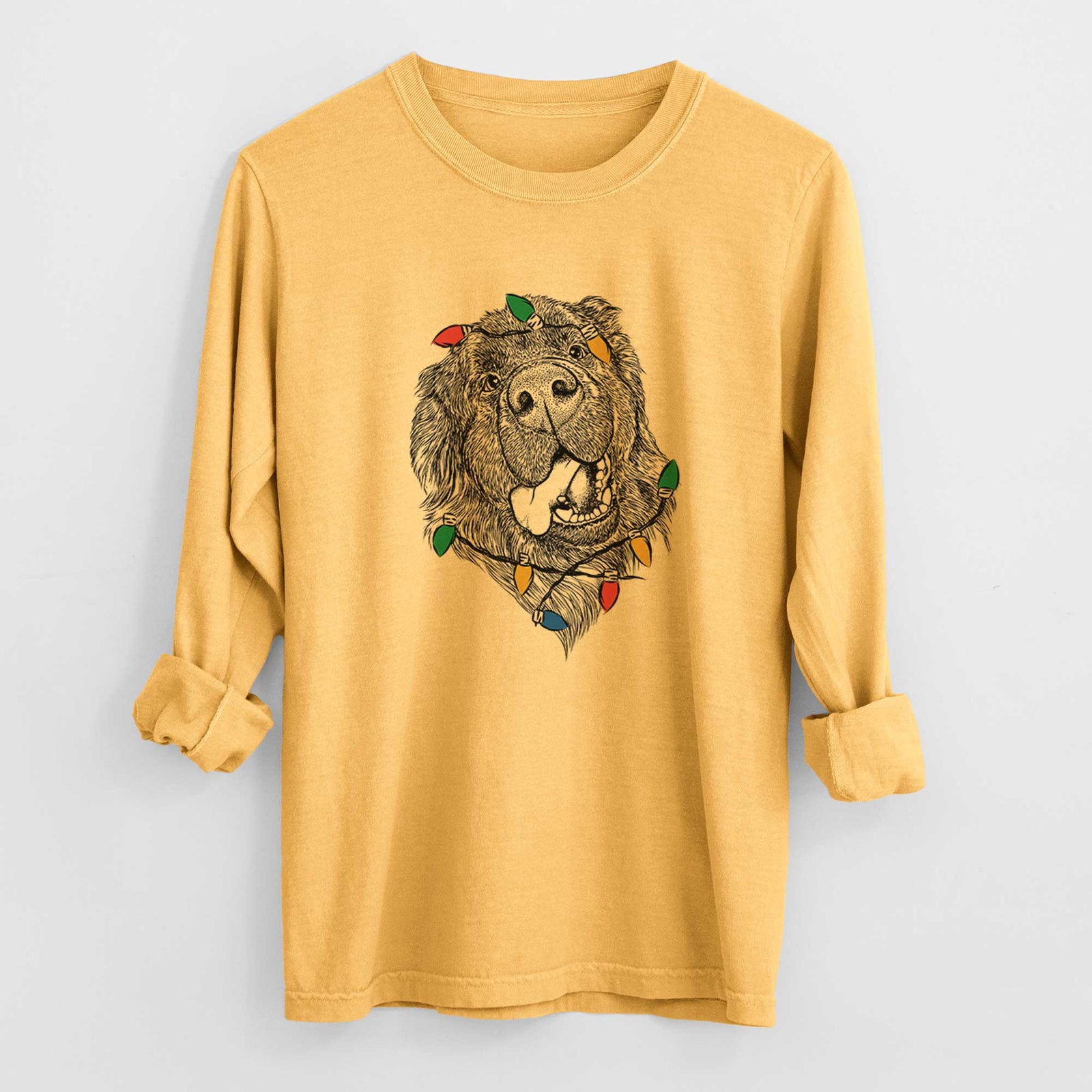 Christmas Lights Tuna the Newfoundland - Heavyweight 100% Cotton Long Sleeve