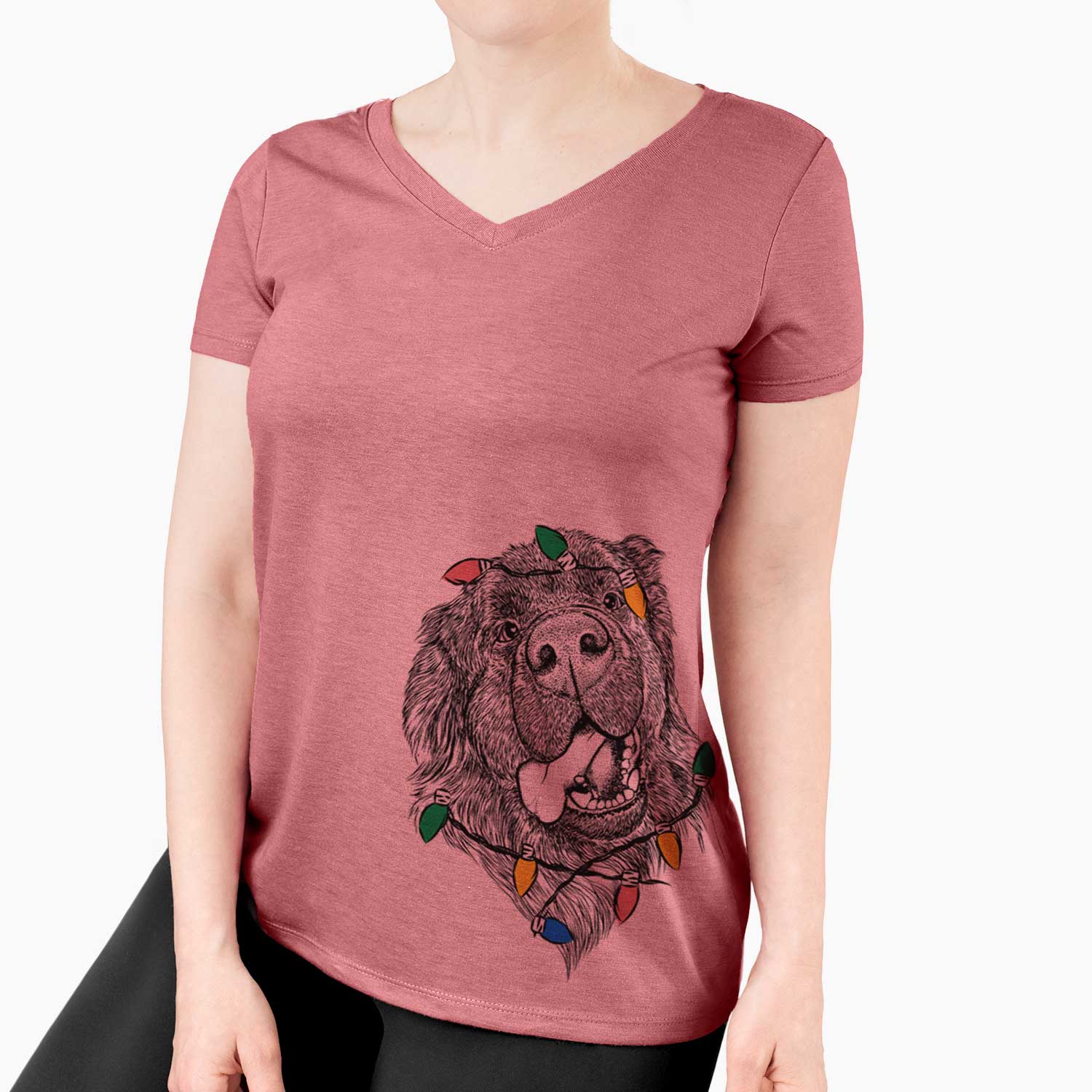 Christmas Lights Tuna the Newfoundland - Women's V-neck Shirt