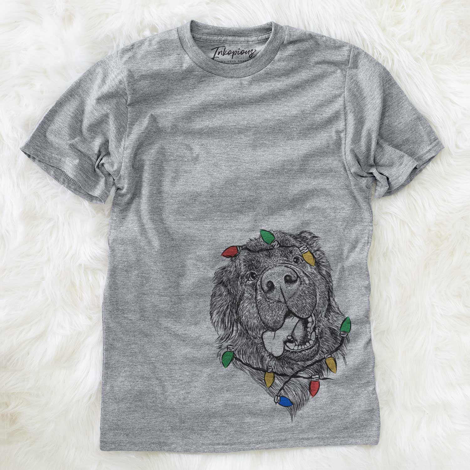 Hand-drawn sketch of Tuna the Newfoundland wrapped in Christmas lights on a Grey Unisex crewneck