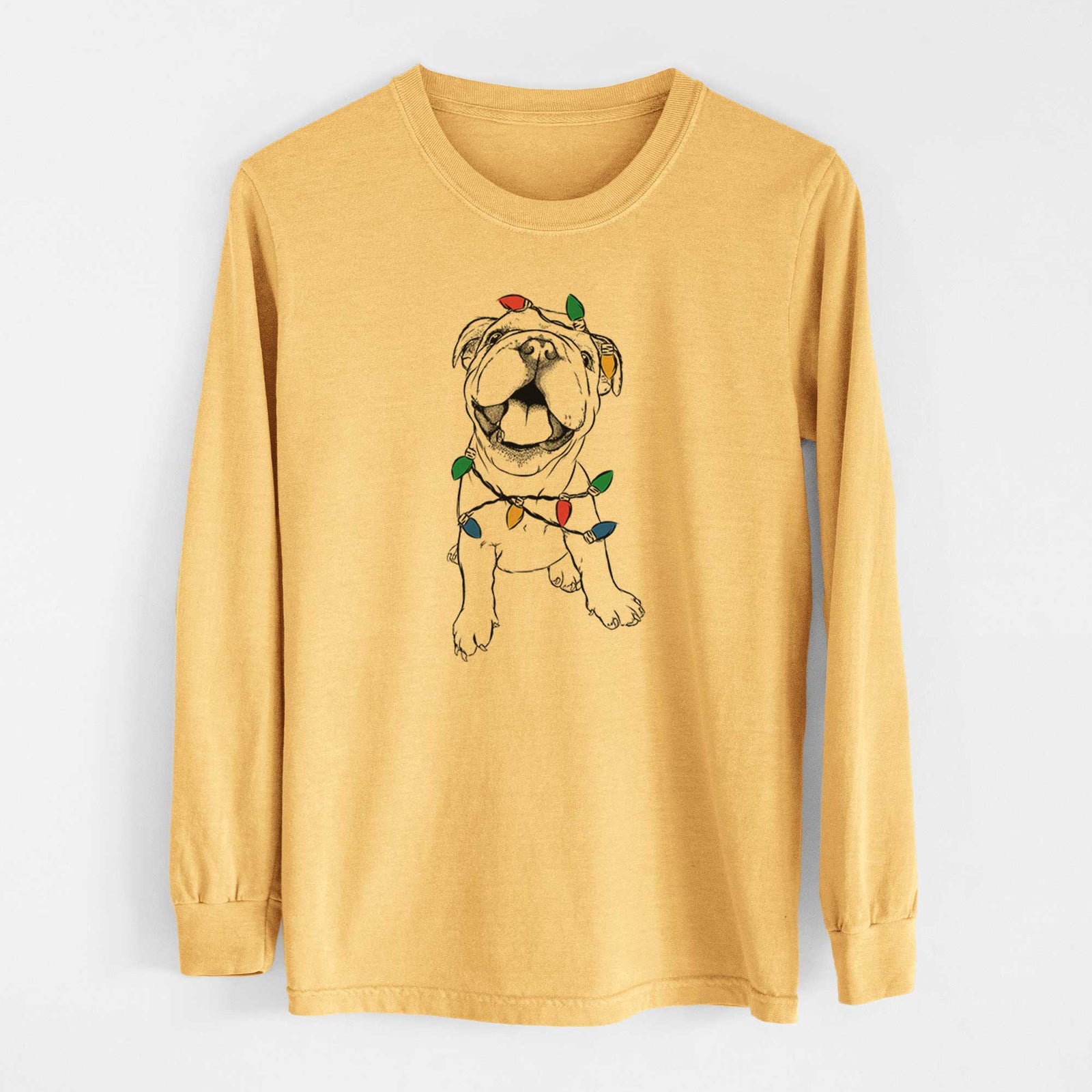 Christmas Lights Tyke the English Bulldog - Heavyweight 100% Cotton Long Sleeve
