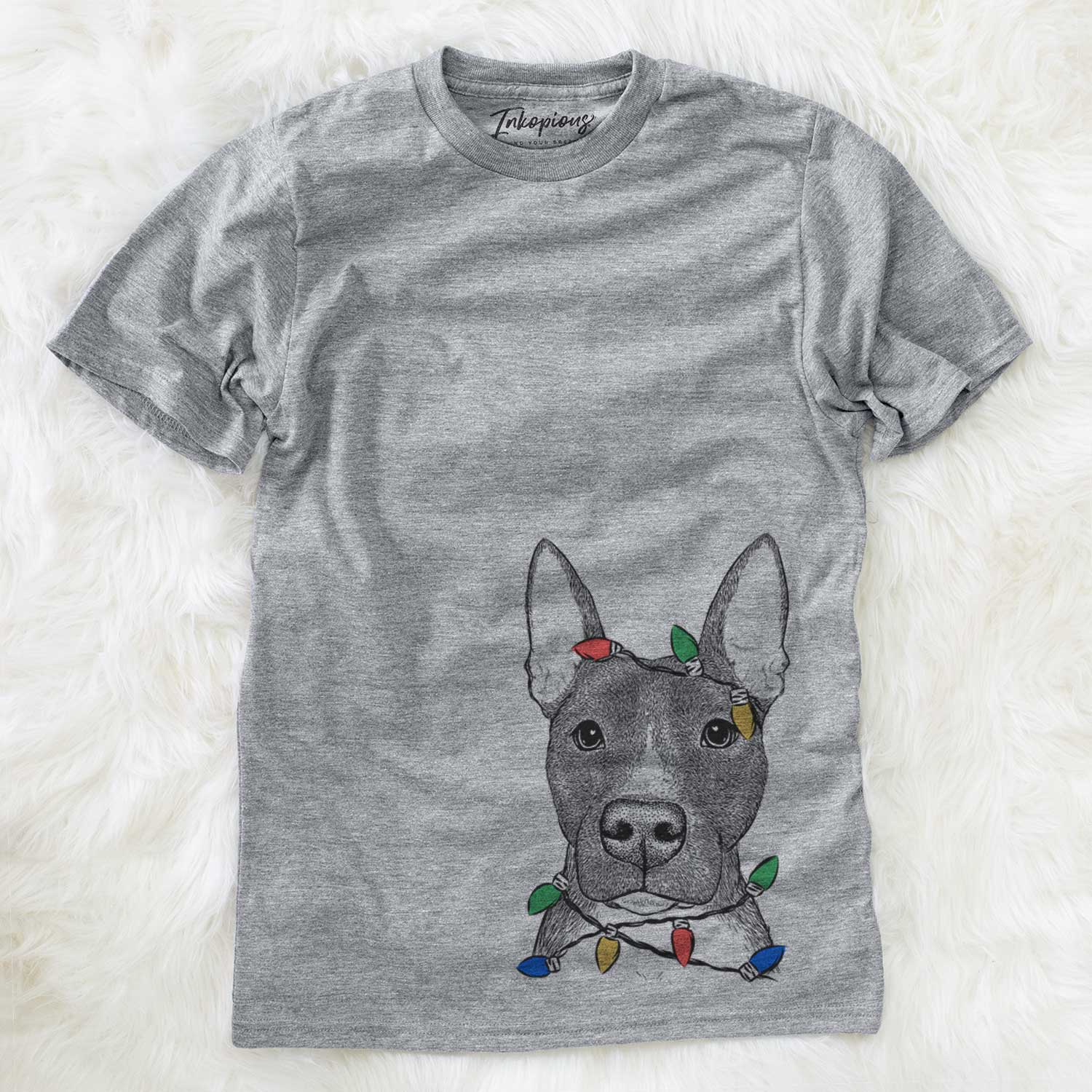 Hand-drawn sketch of Violet the Pitbull wrapped in Christmas lights on a Grey Unisex crewneck