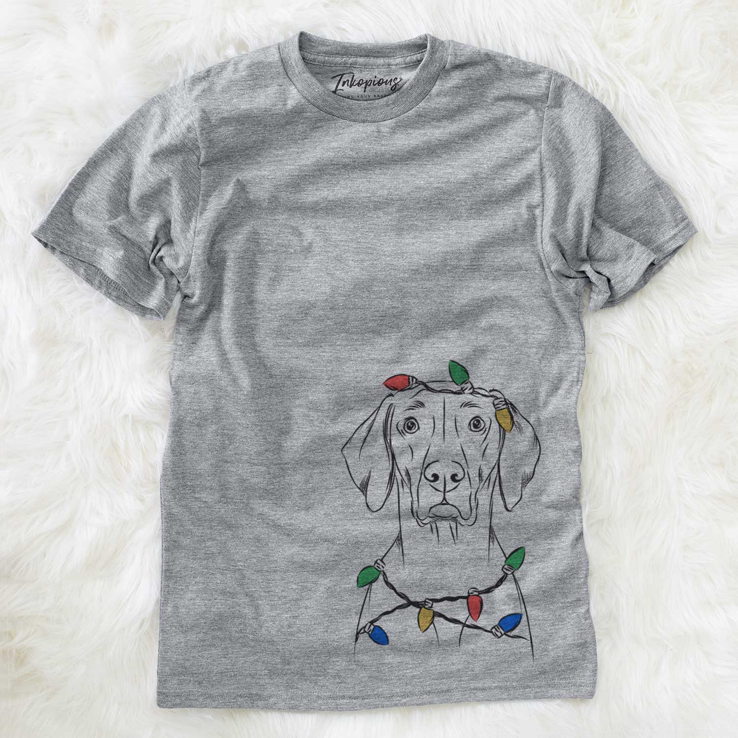 Hand-drawn sketch of Walter the Weimaraner wrapped in Christmas lights on a Grey Unisex crewneck