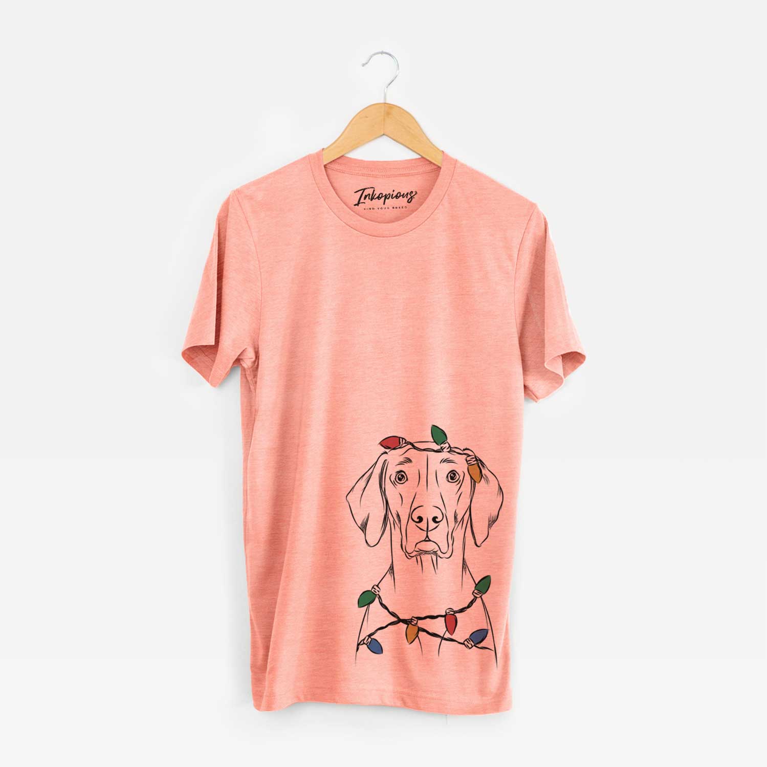 Hand-drawn sketch of Walter the Weimaraner wrapped in Christmas lights on a Sunset Unisex crewneck