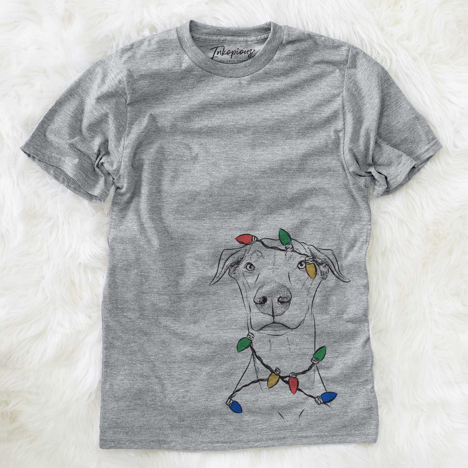 Hand-drawn sketch of Walter the White Doberman Rescue wrapped in Christmas lights on a Grey Unisex crewneck
