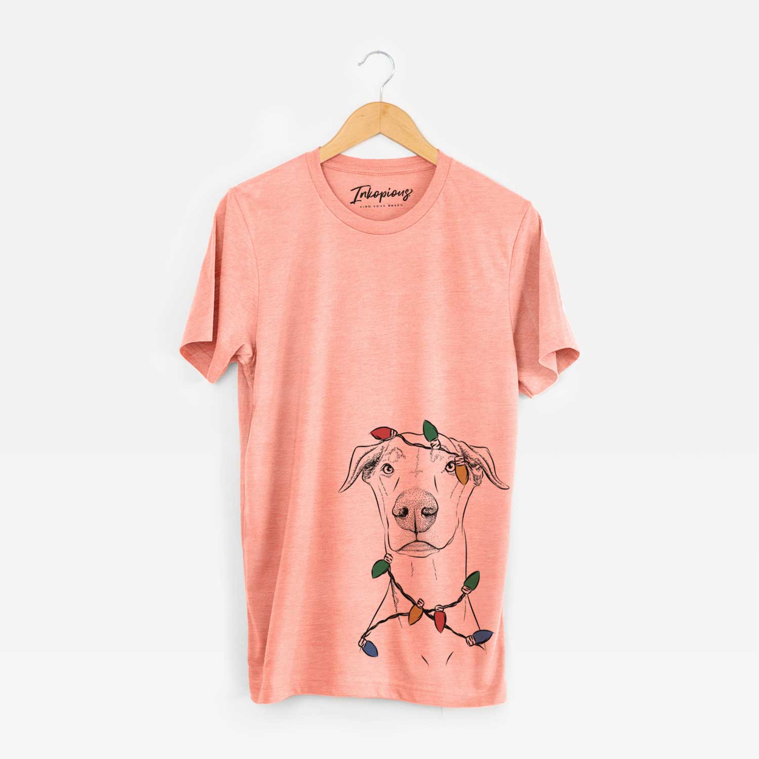 Hand-drawn sketch of Walter the White Doberman Rescue wrapped in Christmas lights on a Sunset Unisex crewneck