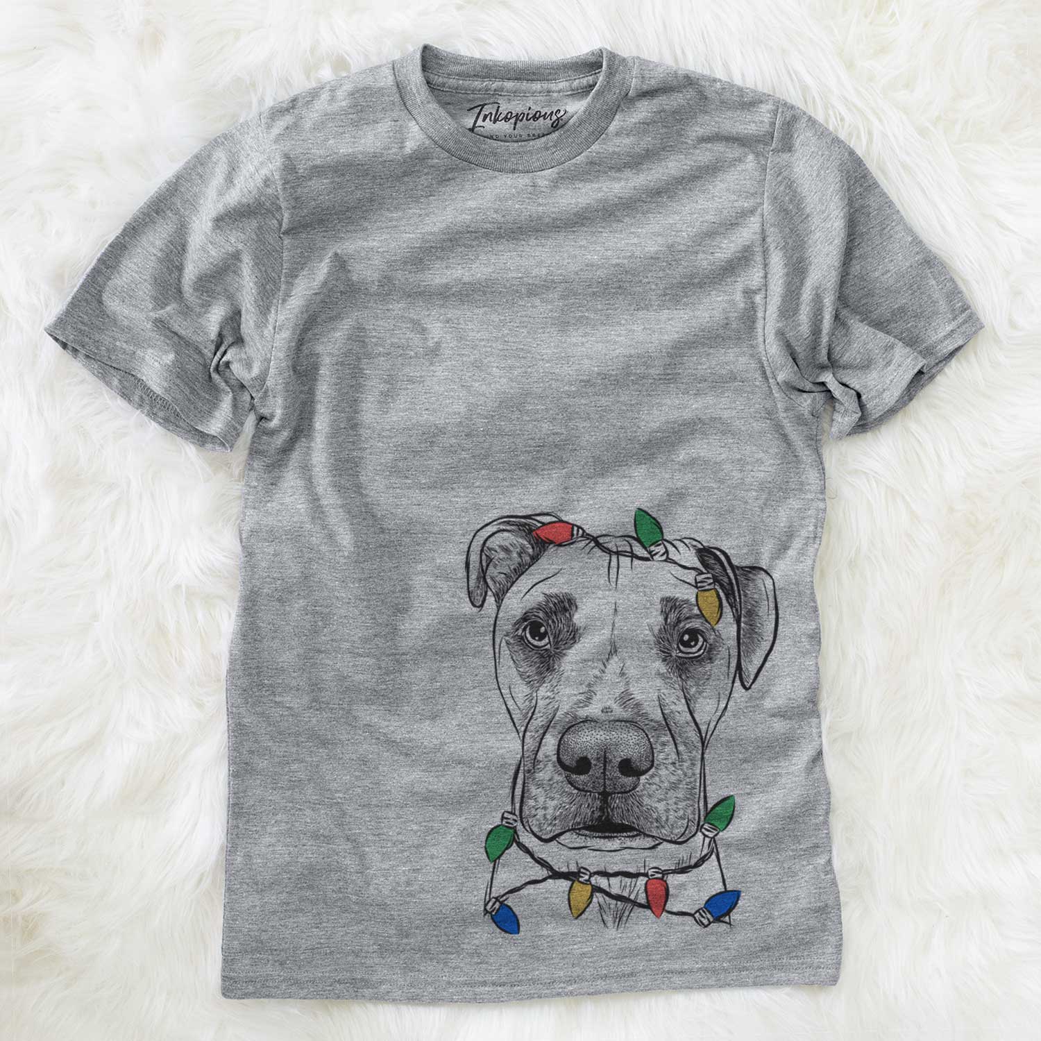 Hand-drawn sketch of Waylon the Boxane wrapped in Christmas lights on a Grey Unisex crewneck