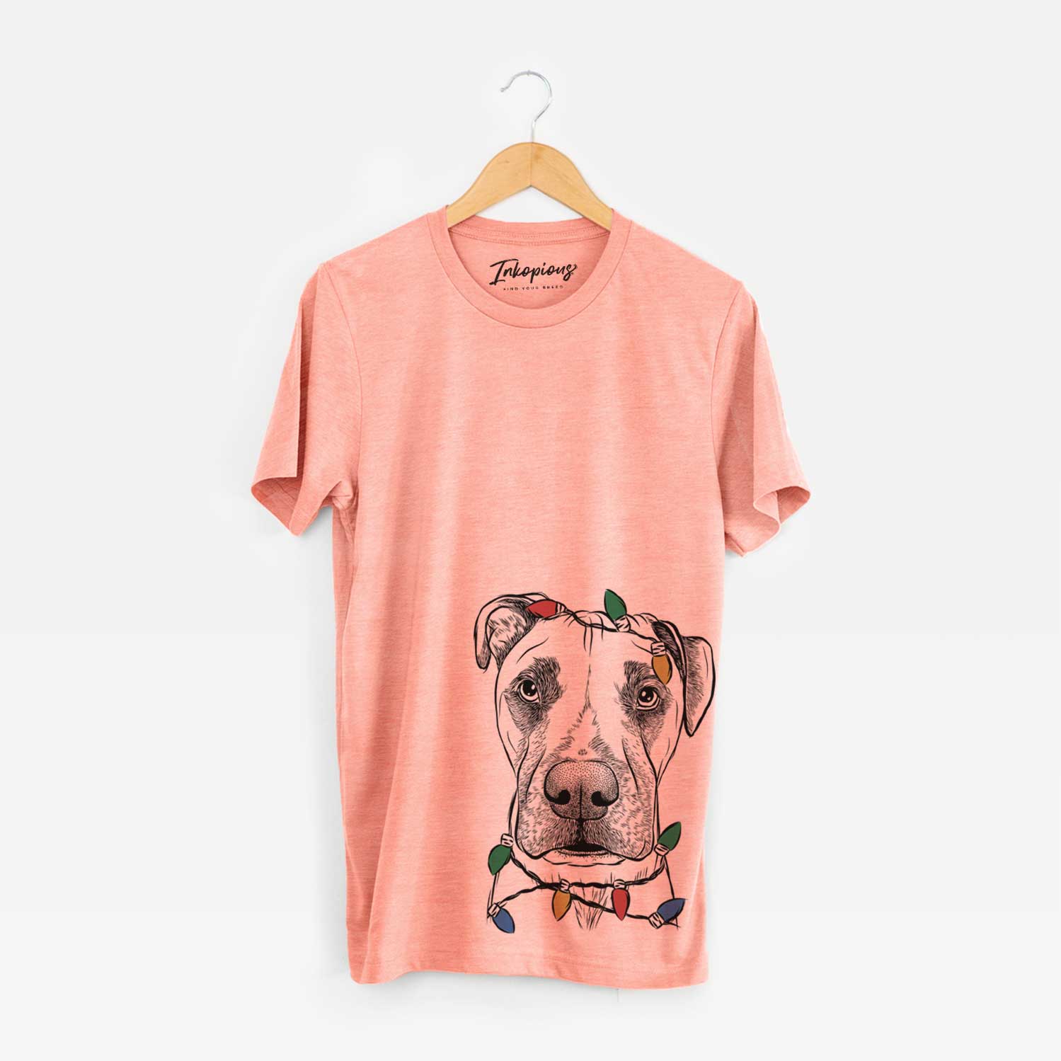 Hand-drawn sketch of Waylon the Boxane wrapped in Christmas lights on a Sunset Unisex crewneck