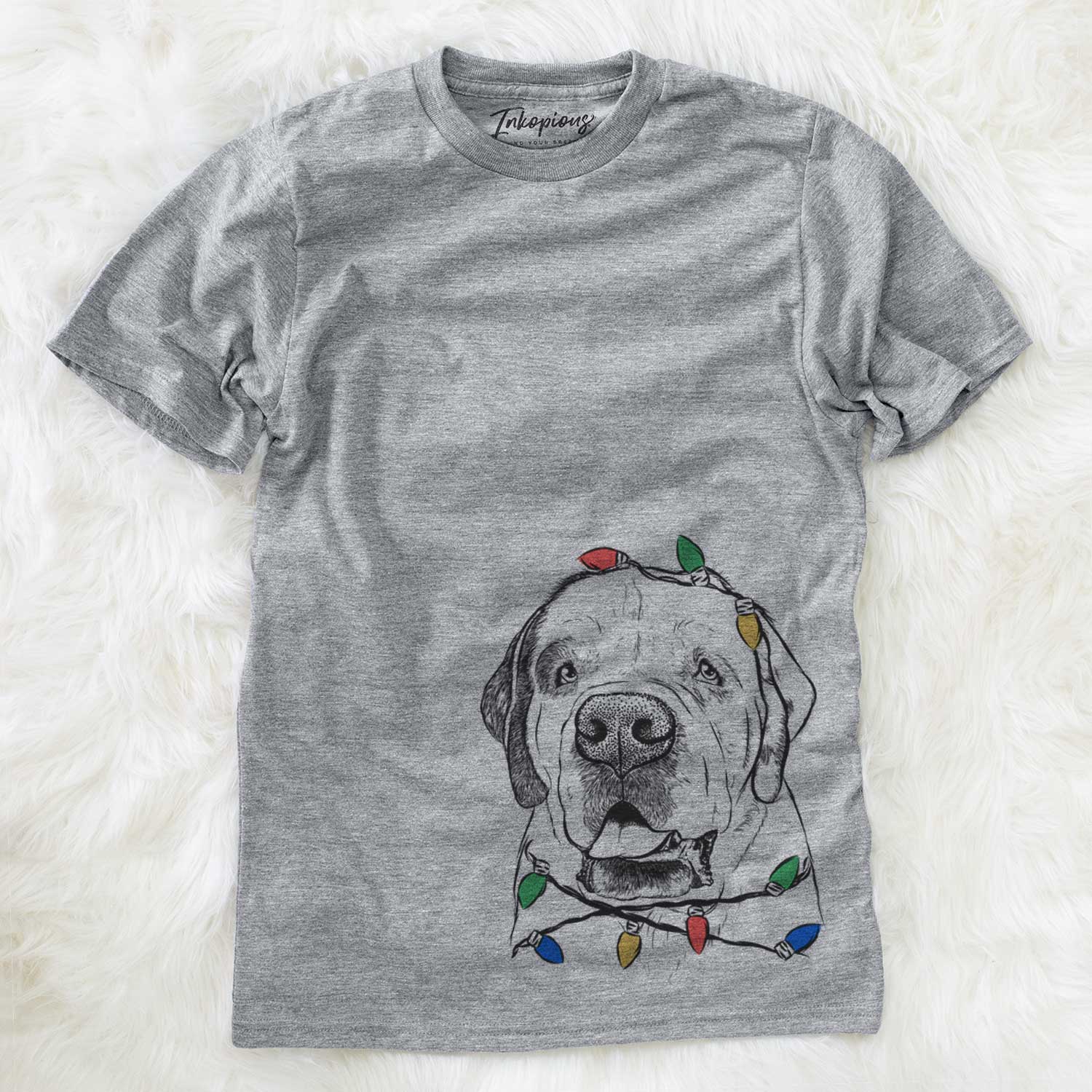 Hand-drawn sketch of Wendy the Saint Bernard wrapped in Christmas lights on a Grey Unisex crewneck