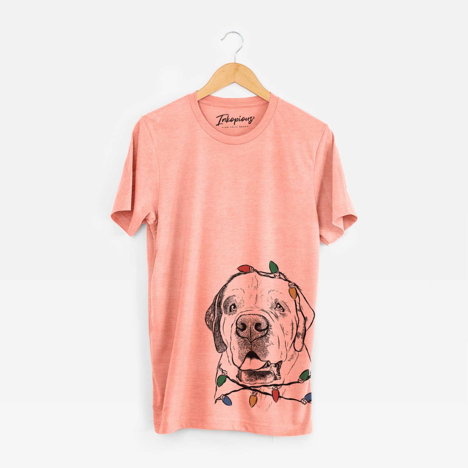 Hand-drawn sketch of Wendy the Saint Bernard wrapped in Christmas lights on a Sunset Unisex crewneck
