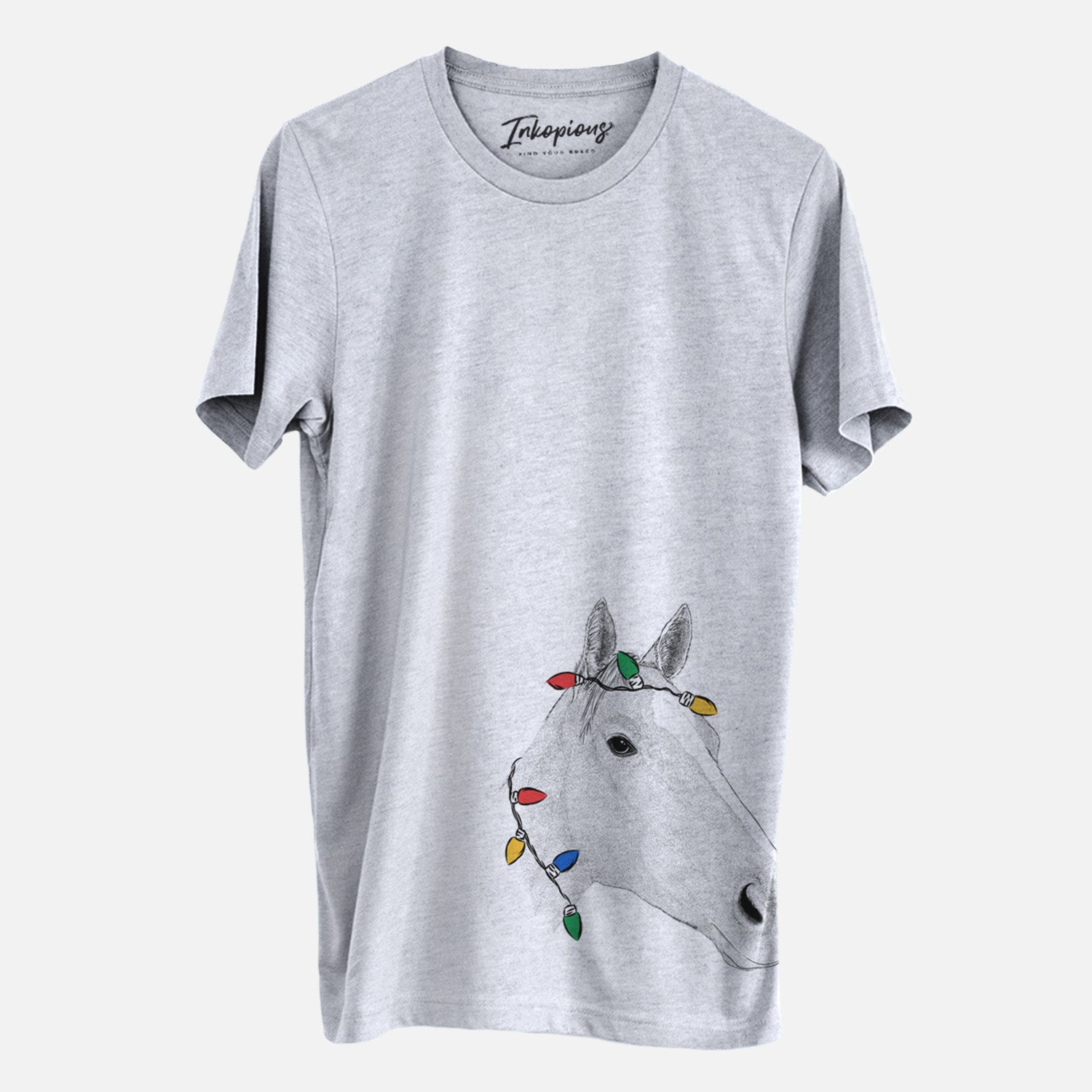 Hand-drawn sketch of Westley the Horse wrapped in Christmas lights on a Grey Unisex crewneck