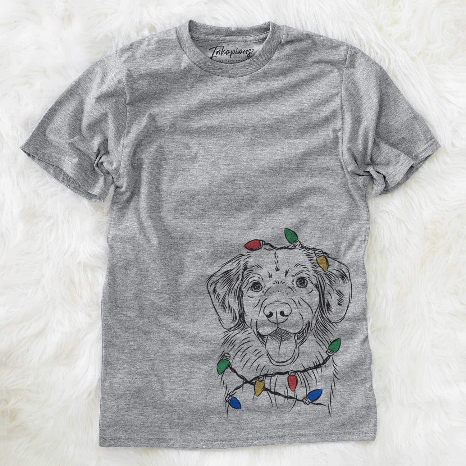 Hand-drawn sketch of Weston the Nova Scotia Duck Tolling Retriever wrapped in Christmas lights on a Grey Unisex crewneck