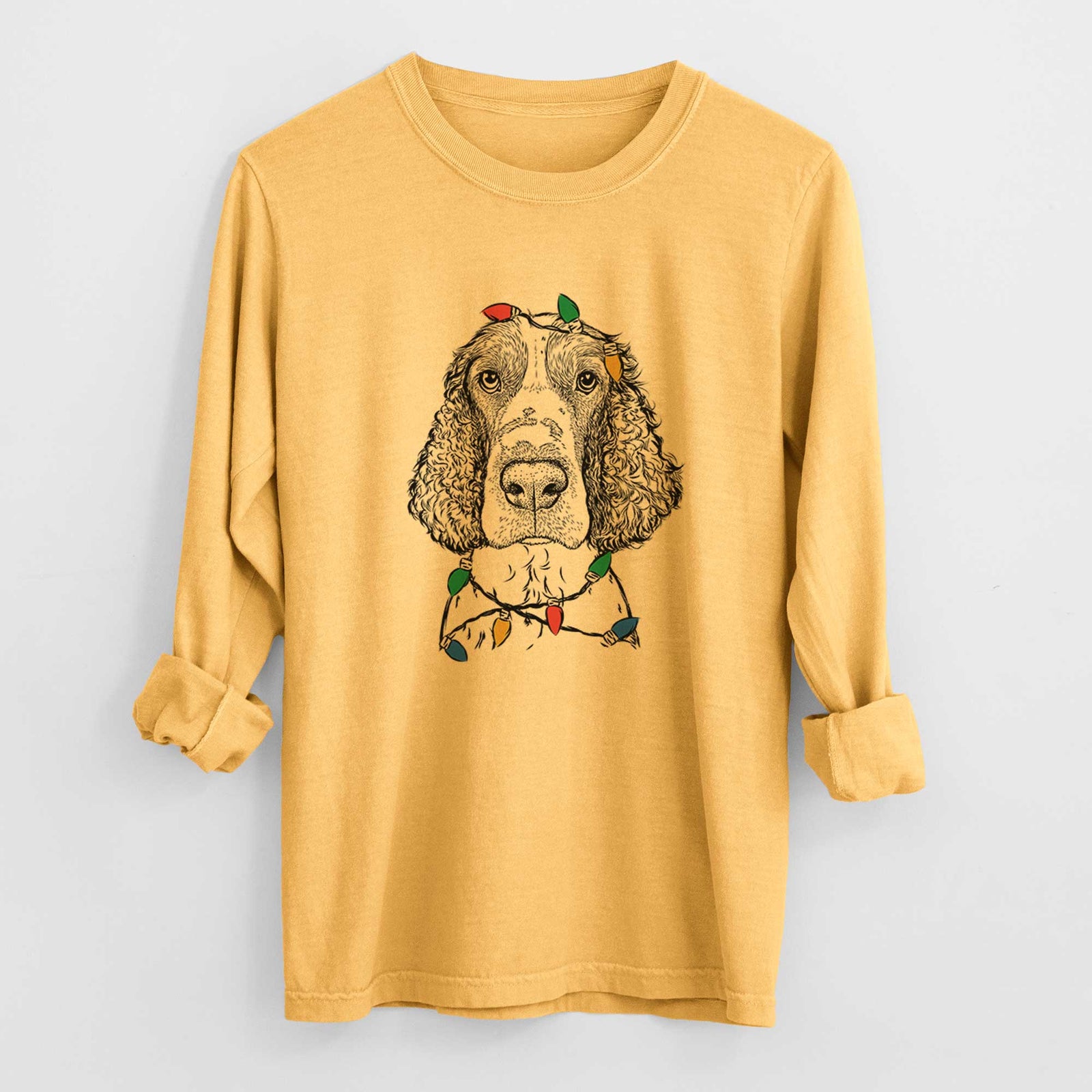 Christmas Lights Wilbur the English Springer Spaniel - Heavyweight 100% Cotton Long Sleeve