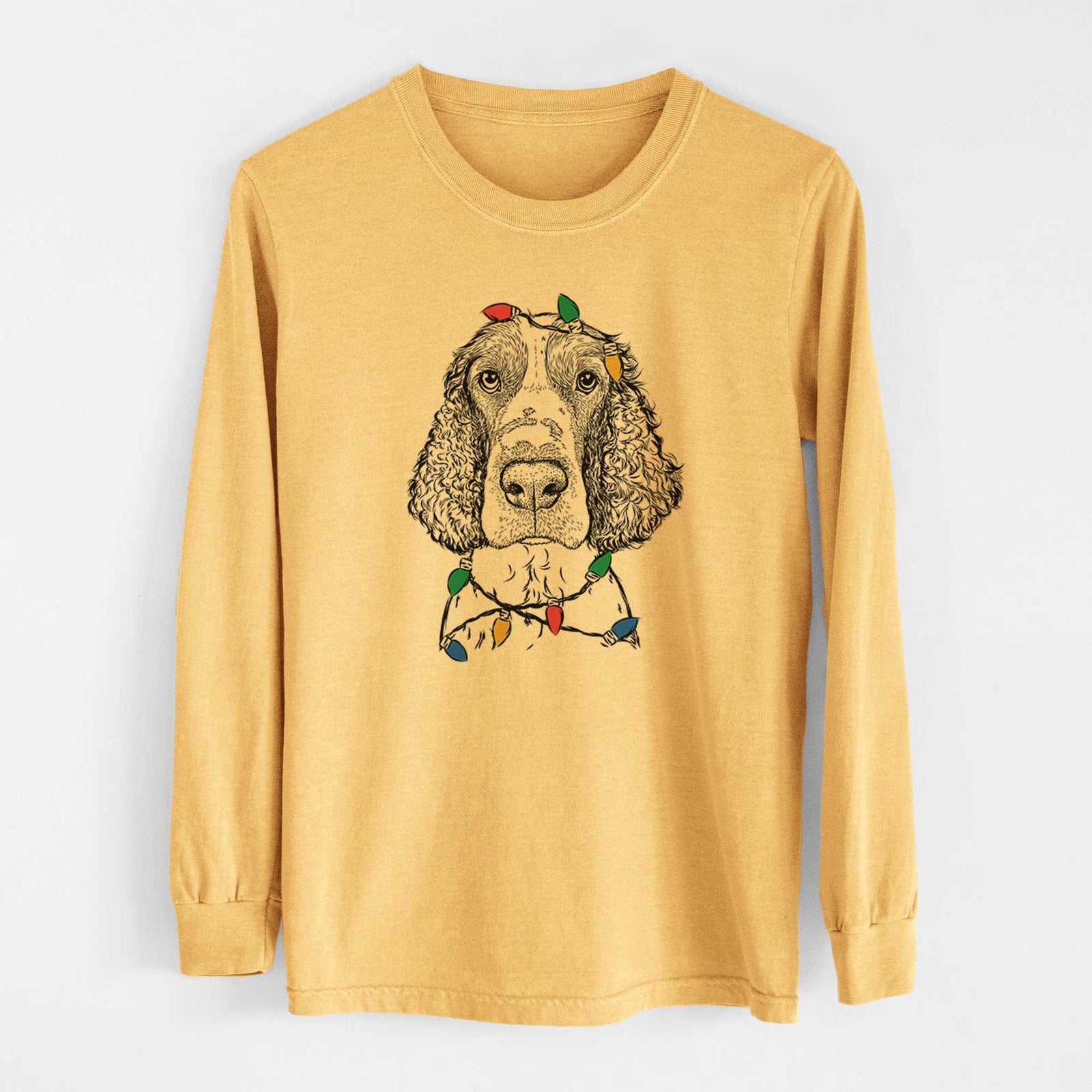 Christmas Lights Wilbur the English Springer Spaniel - Heavyweight 100% Cotton Long Sleeve