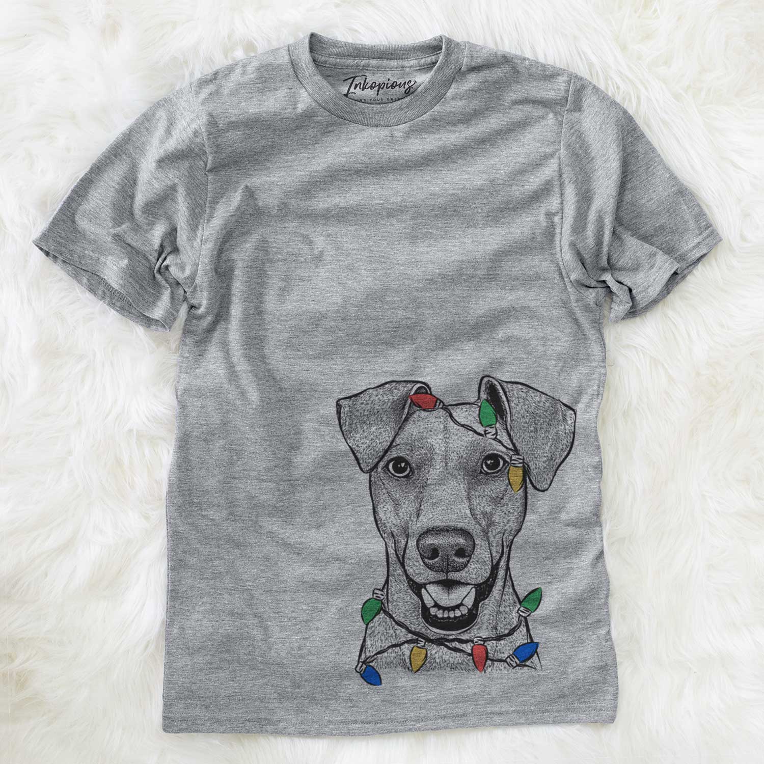 Hand-drawn sketch of Willow the German Pinscher wrapped in Christmas lights on a Grey Unisex crewneck