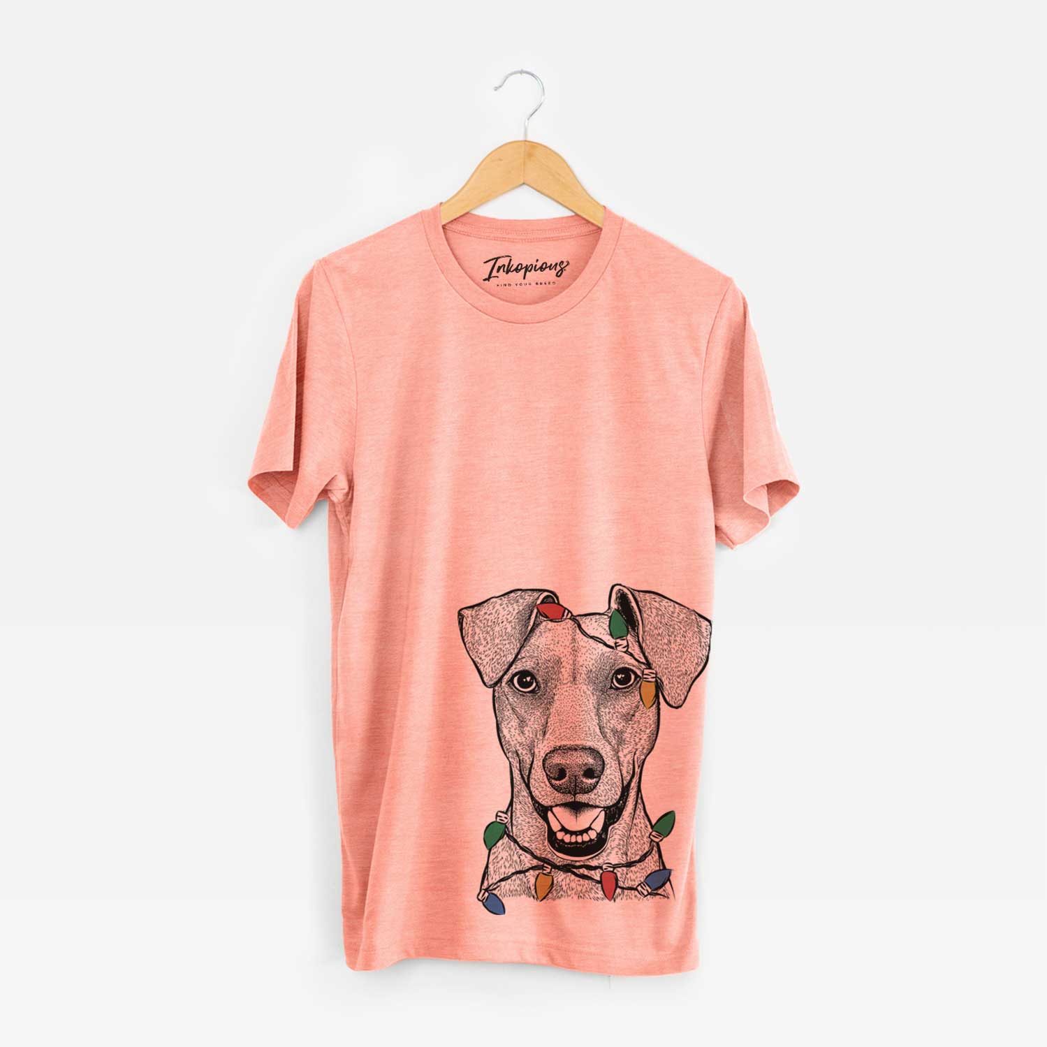 Hand-drawn sketch of Willow the German Pinscher wrapped in Christmas lights on a Sunset Unisex crewneck