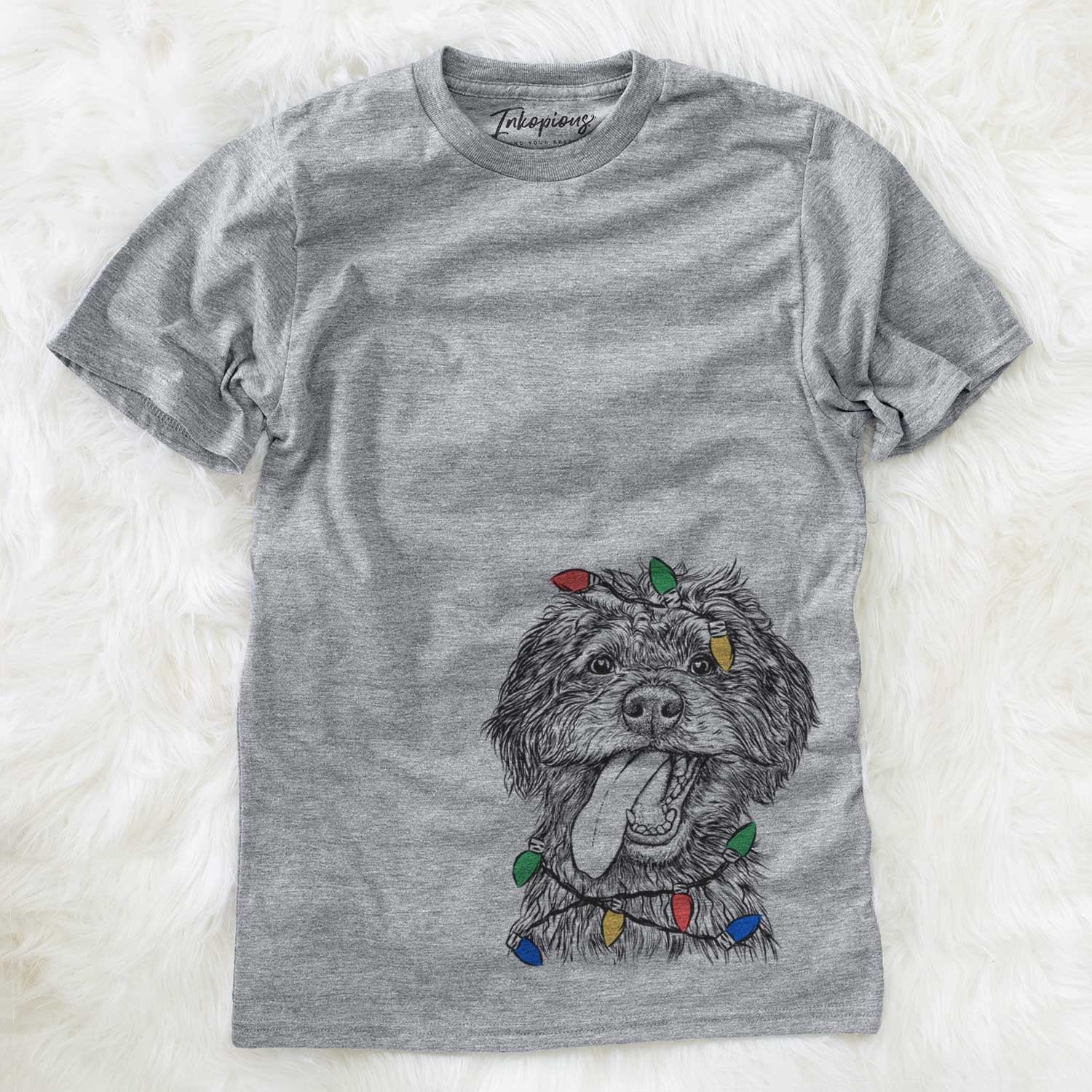 Hand-drawn sketch of Winnie the Mini Aussiedoodle wrapped in Christmas lights on a Grey Unisex crewneck