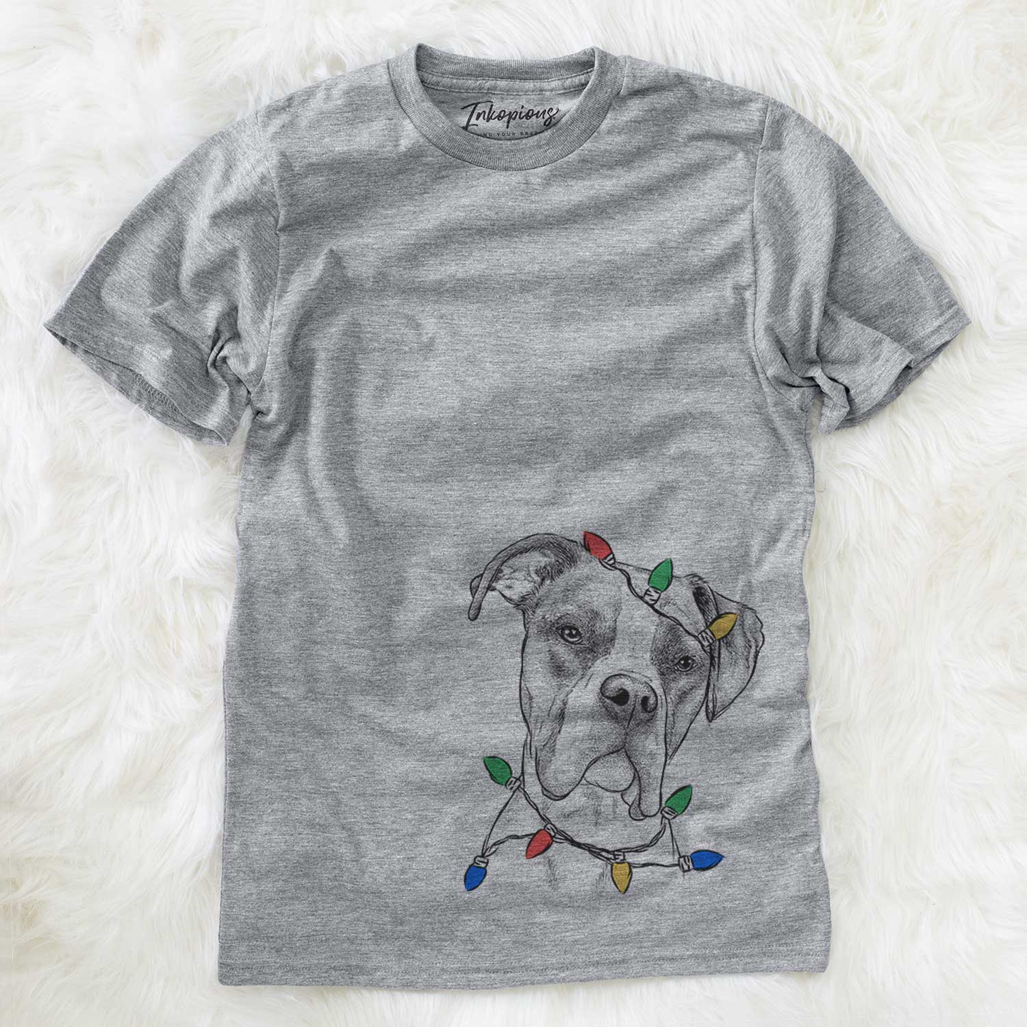 Hand-drawn sketch of Winston the Boxer wrapped in Christmas lights on a Grey Unisex crewneck
